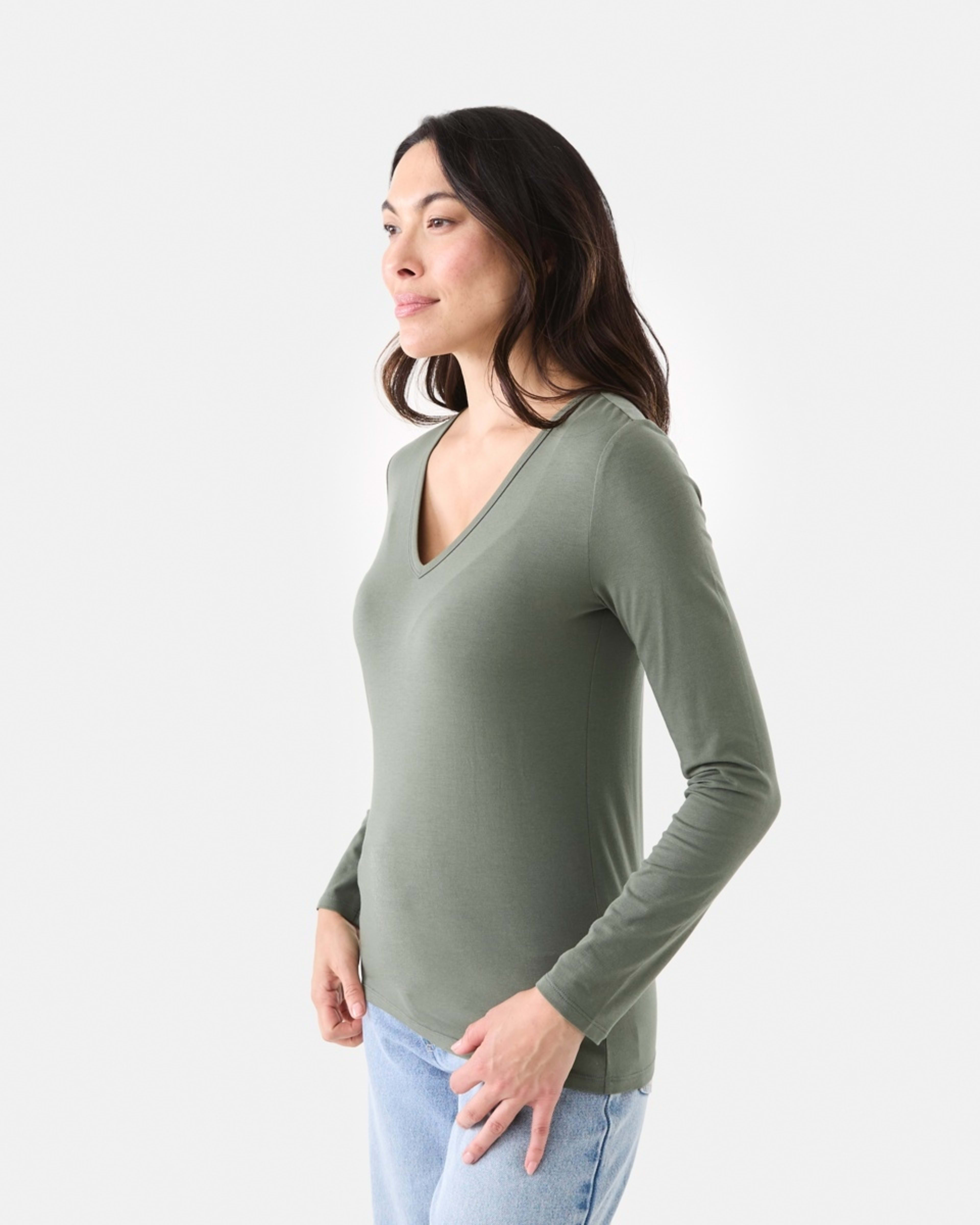 2 Long Sleeve Stretch V-Neck T-shirt Grn Olive, 2 of 5
