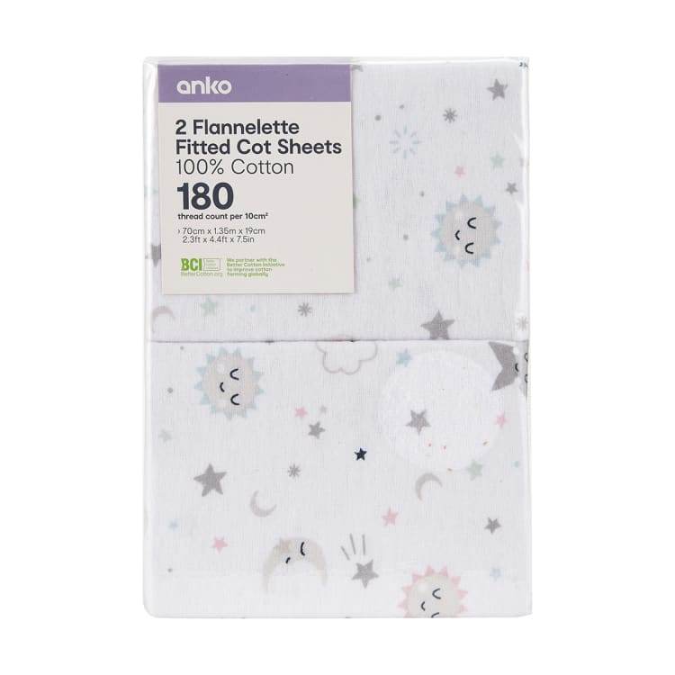 2 Pack Flannelette Cotton Fitted Cot Sheets Galaxy Kmart