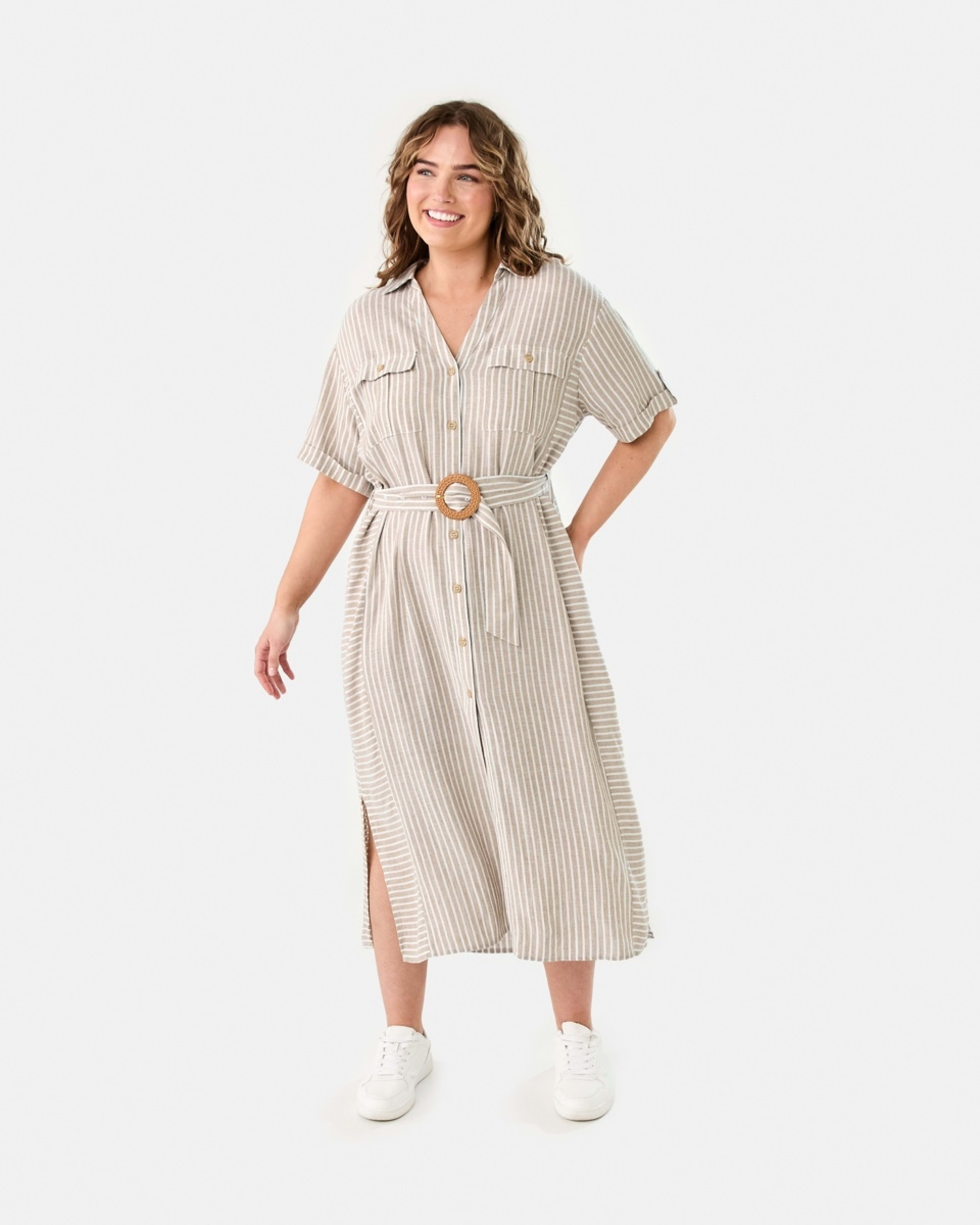 1 Short Sleeve Utility Shirt Midi Dress RESORT STRIPE DUNE BEIGE, 1 of 9
