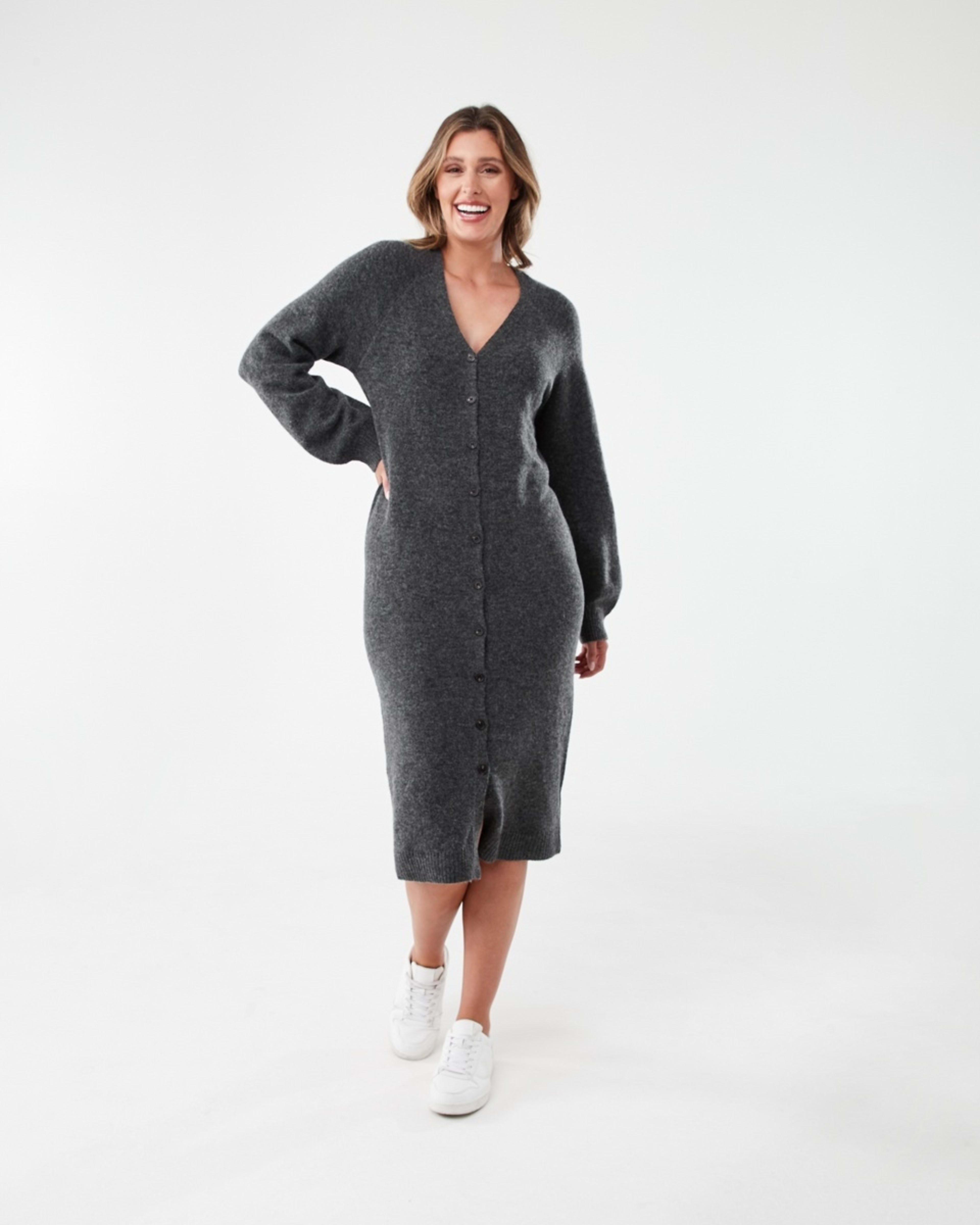 1 Long Sleeve Cardigan Knit Midi Dress Gry Chmrle
