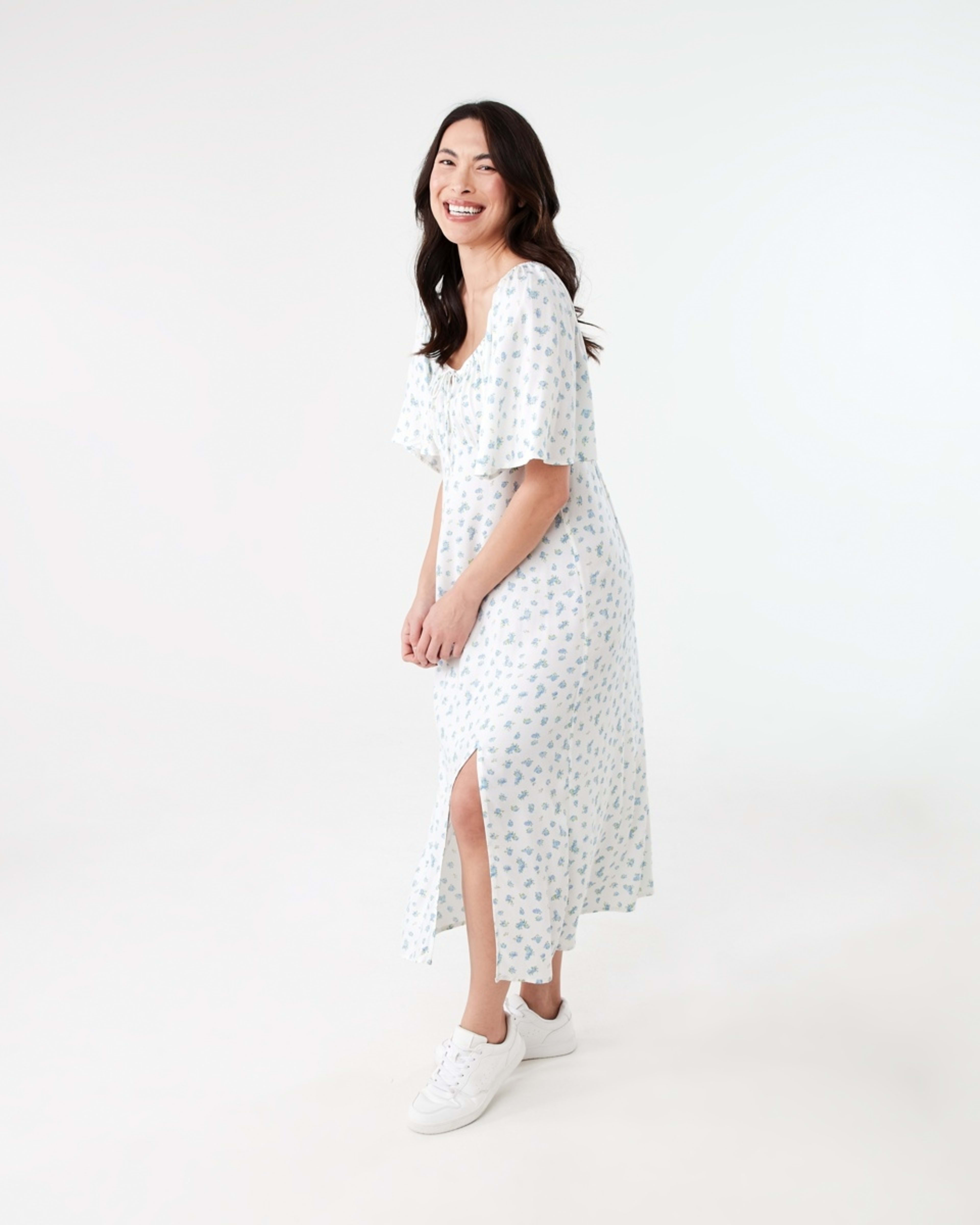 2 Short Sleeve Square Neck Tea Midi Dress DITSY ROSE CLOUD WHITE, 2 of 6