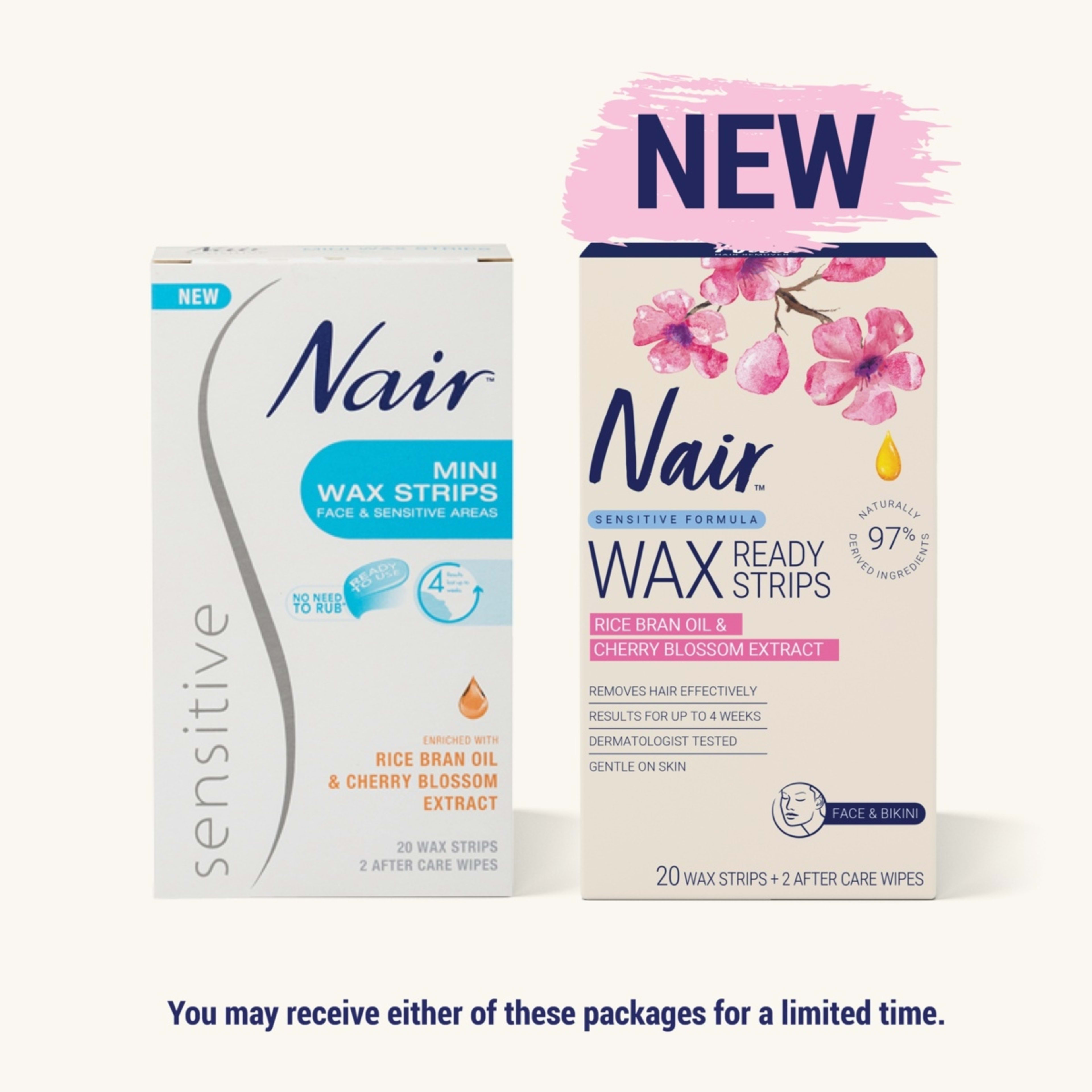 Nair 20 Pack Sensitive Mini Wax Strips Rice Bran Oil and Cherry
