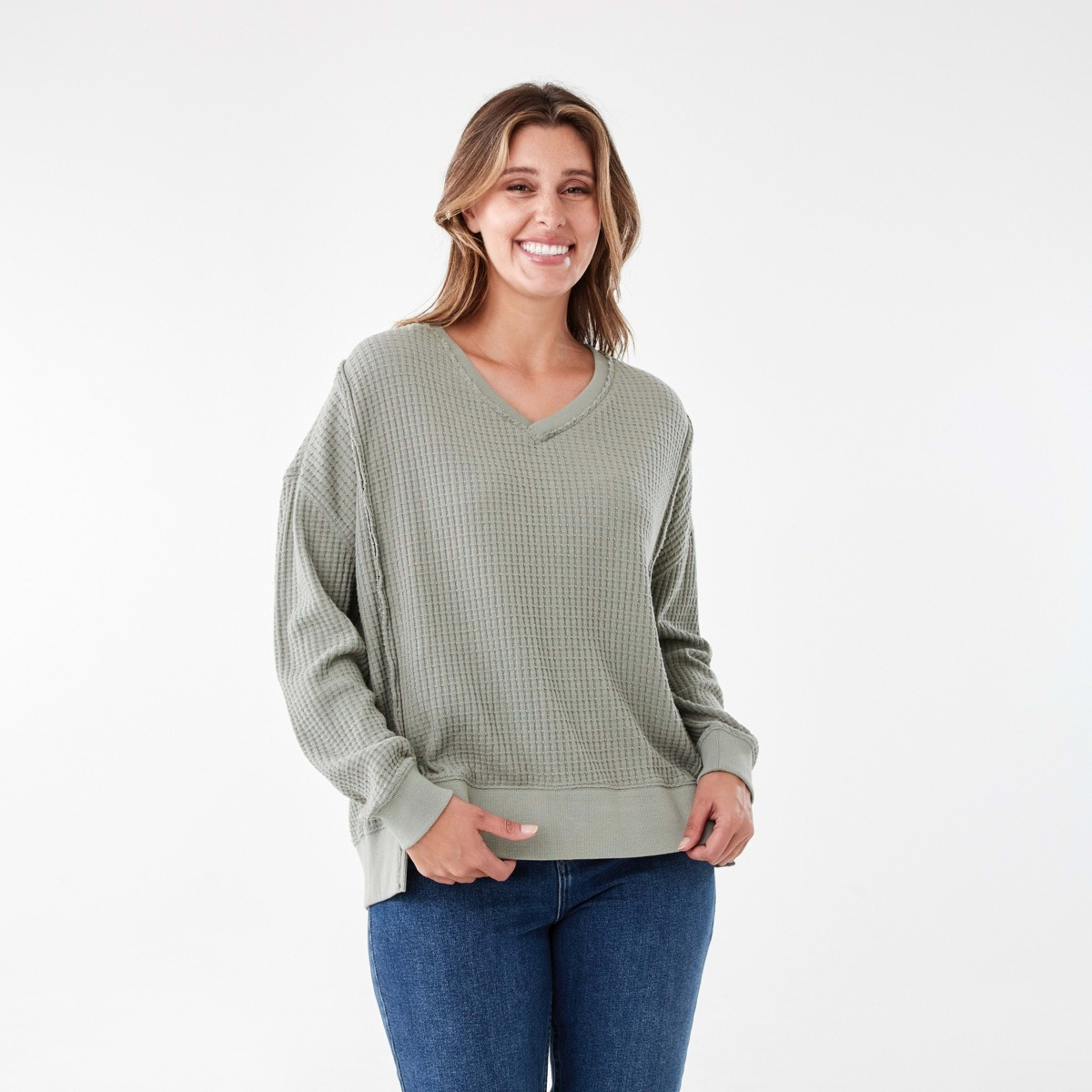 1 Long Sleeve Waffle V-Neck Top Soft Khaki, 1 of 6