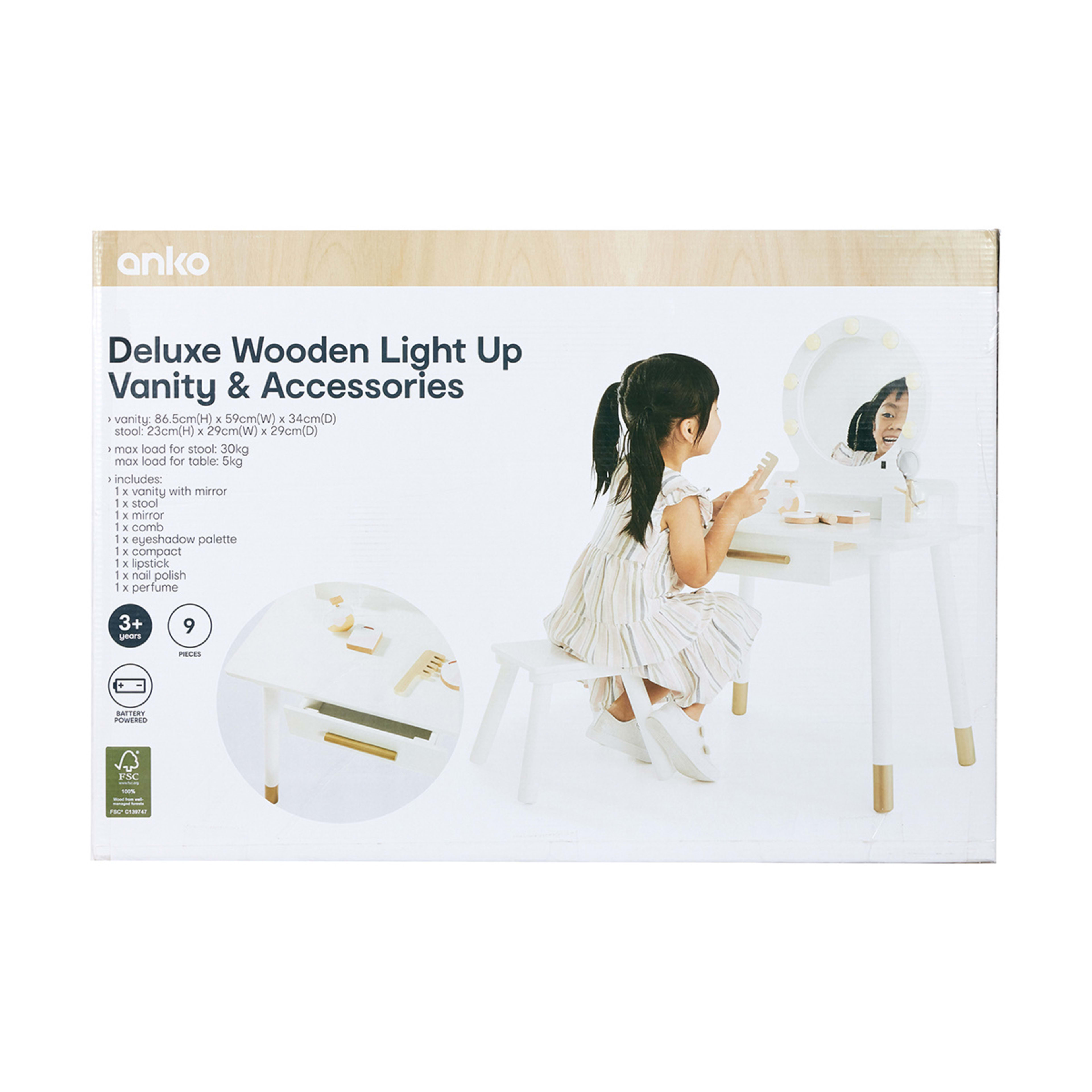 9 Piece Deluxe Wooden Light Up Vanity and Accessories Kmart