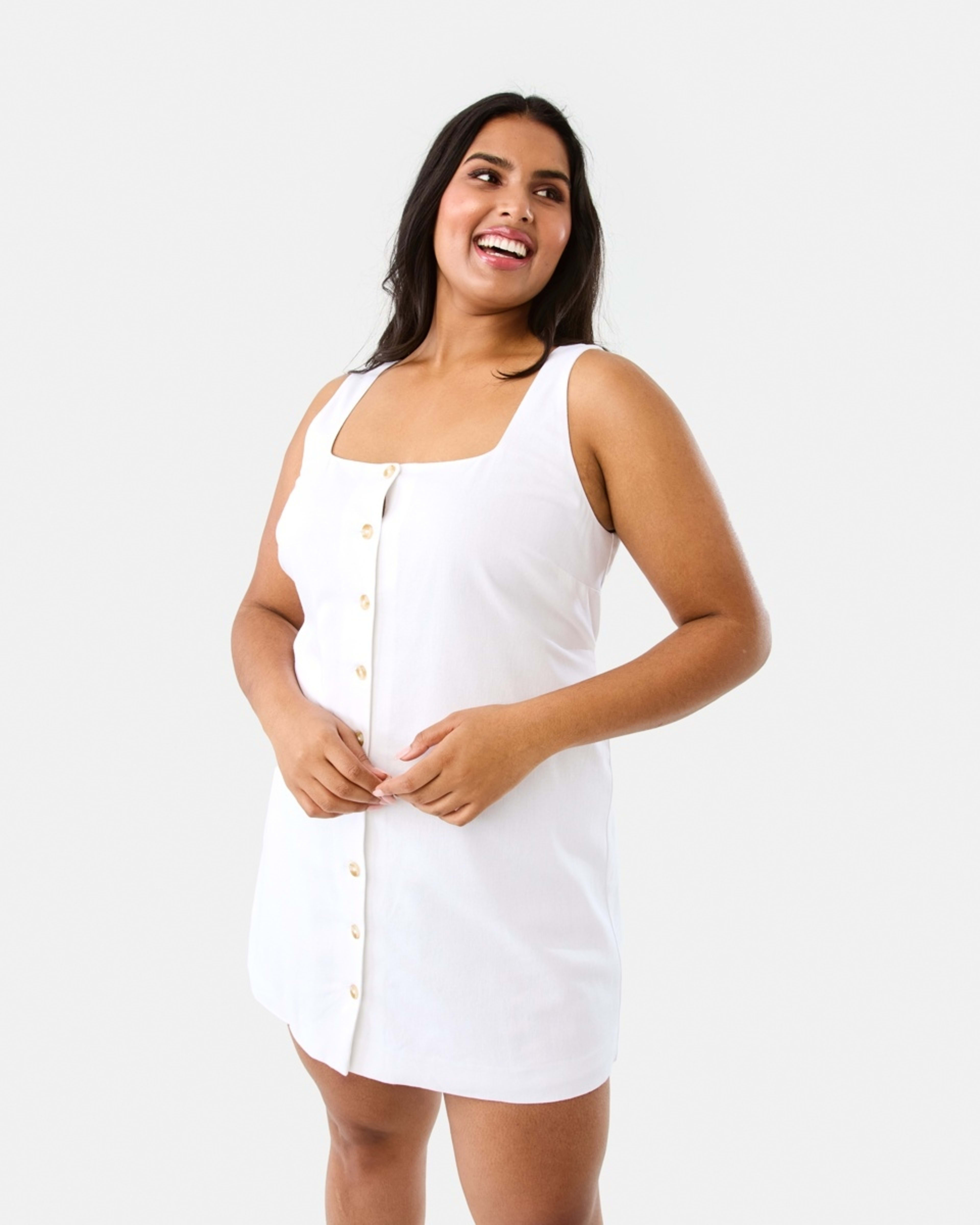 3 Sleeveless Linen Blend Button Mini Dress White, 3 of 10