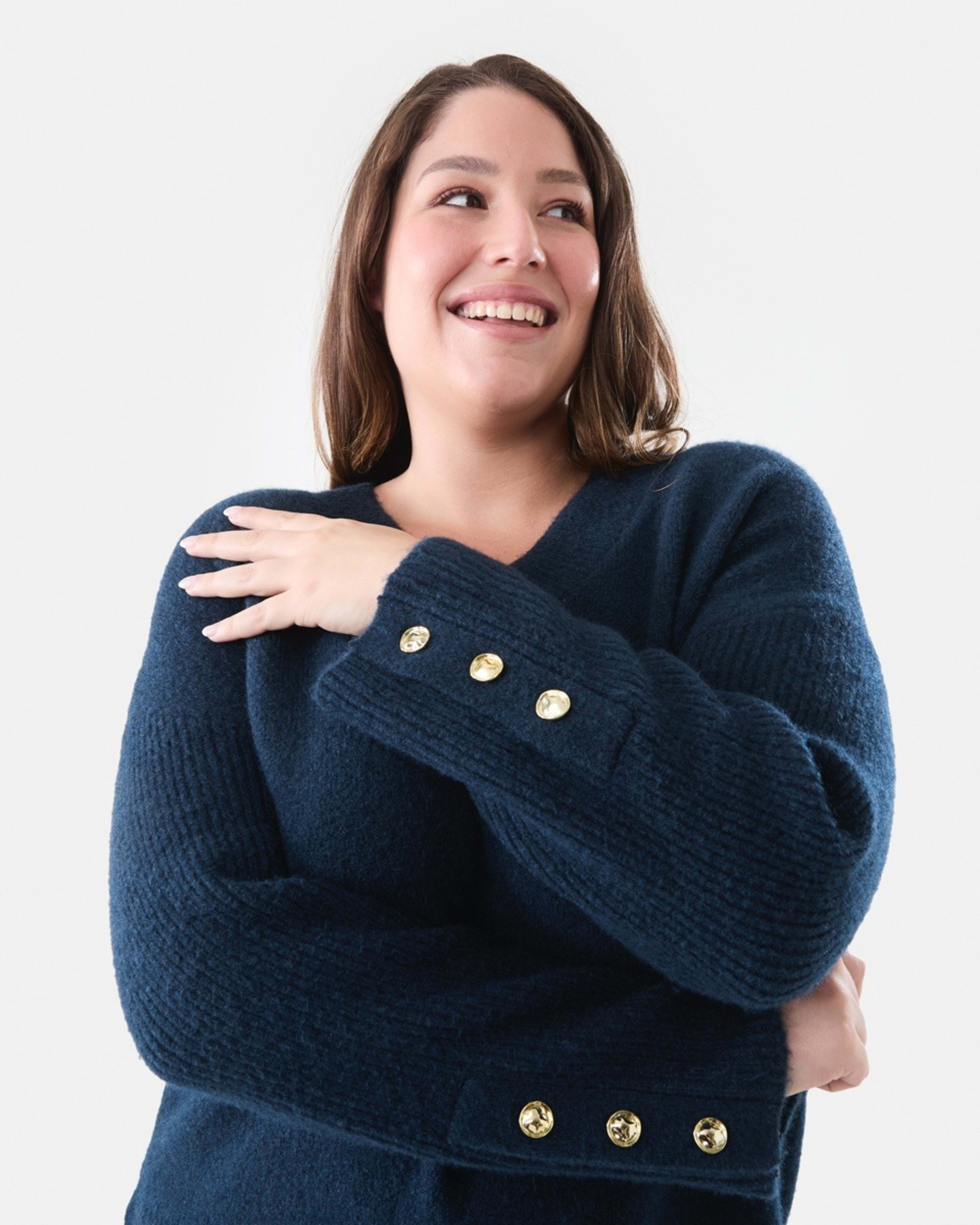 4 Curve Button Detail V-Neck Jumper Navy Blazer, 4 of 6