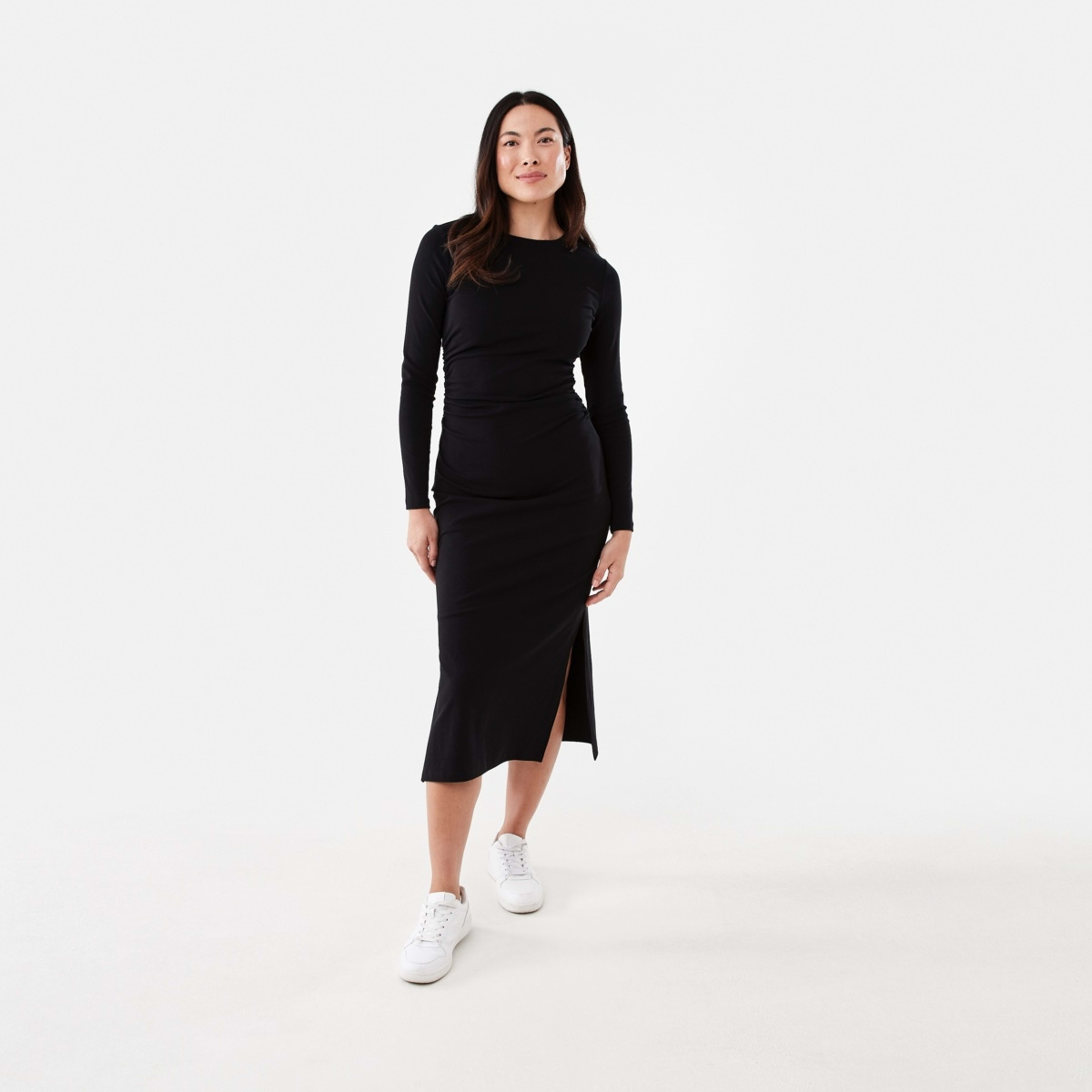 1 Long Sleeve Ruched Midi Dress Black, 1 of 6