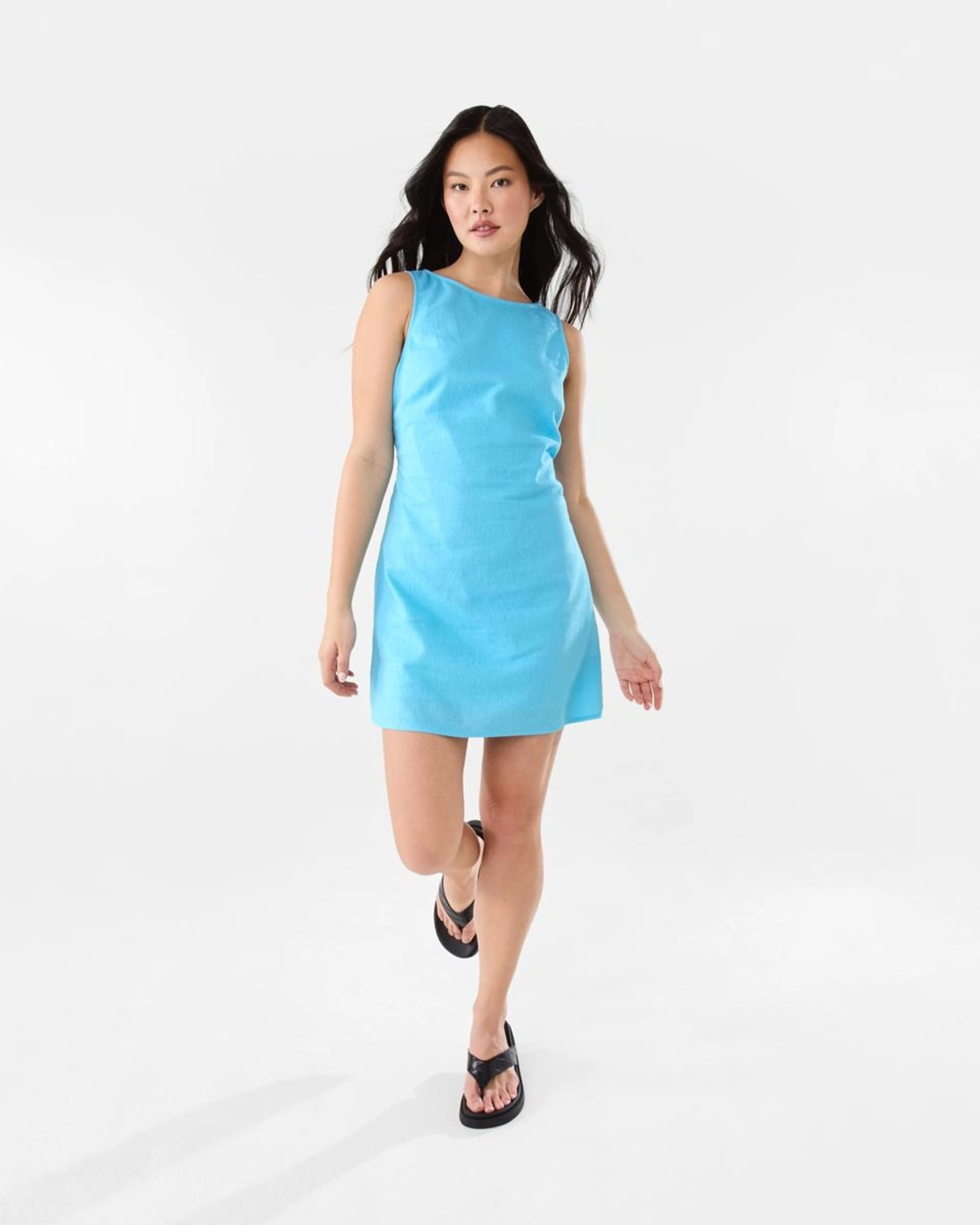 2 Sleeveless Boat Neck Linen Blend Mini Dress BLUE TOPAZ, 2 of 9