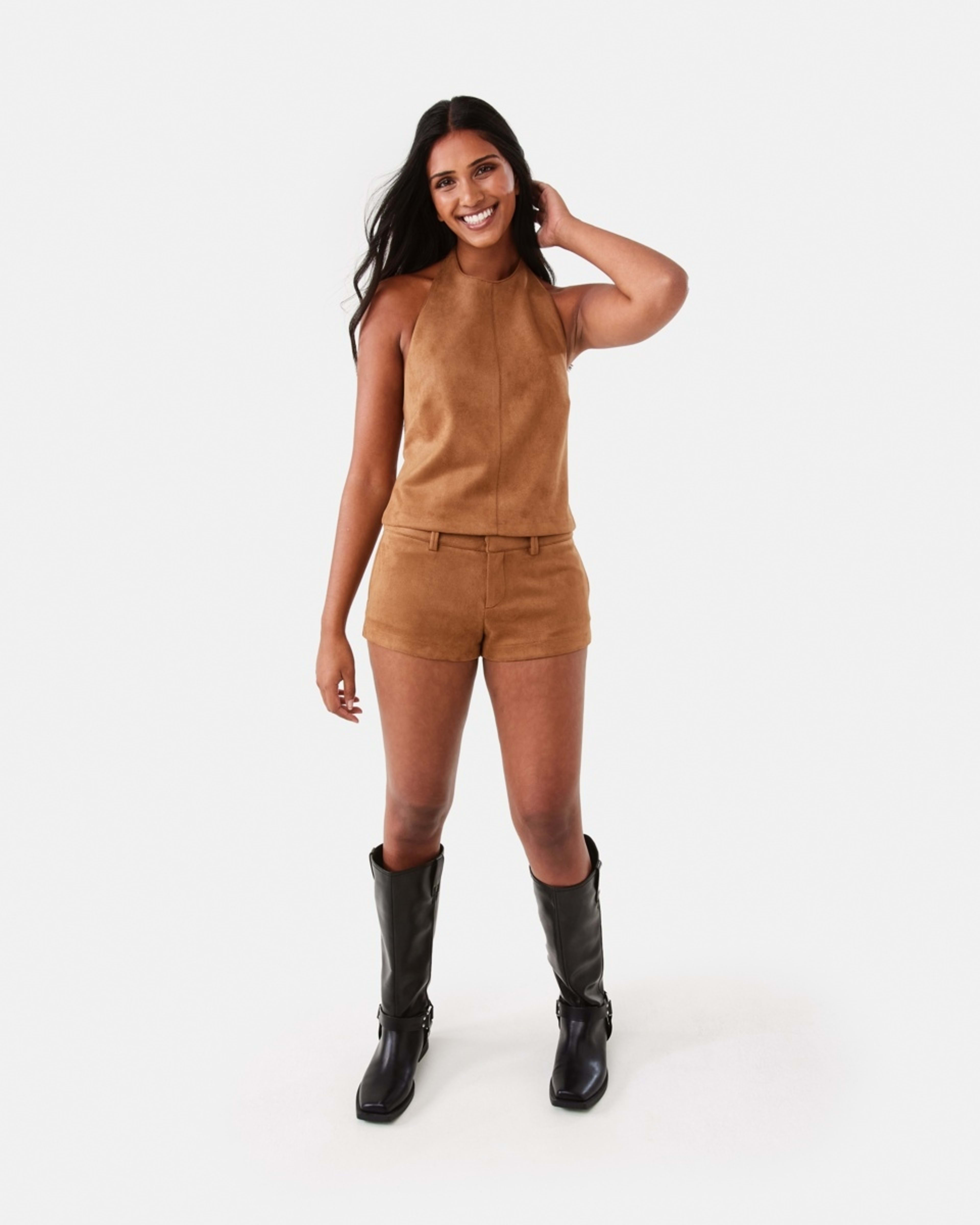 2 Sleeveless Halter Suede Top DEEP CAMEL, 2 of 10