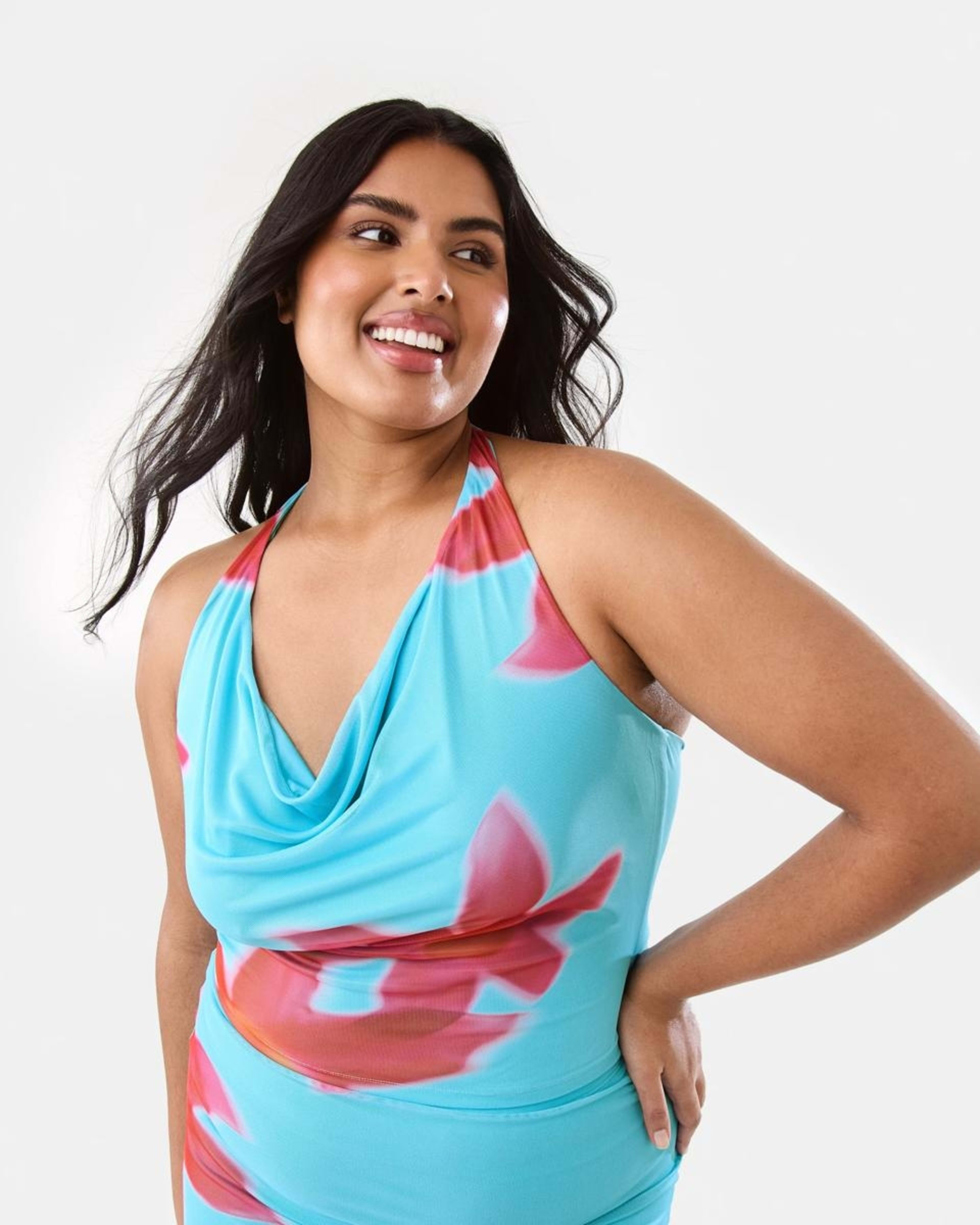 3 Sleeveless Mesh Cowl Halter Top HOT TROP CLEAR AQUA, 3 of 9