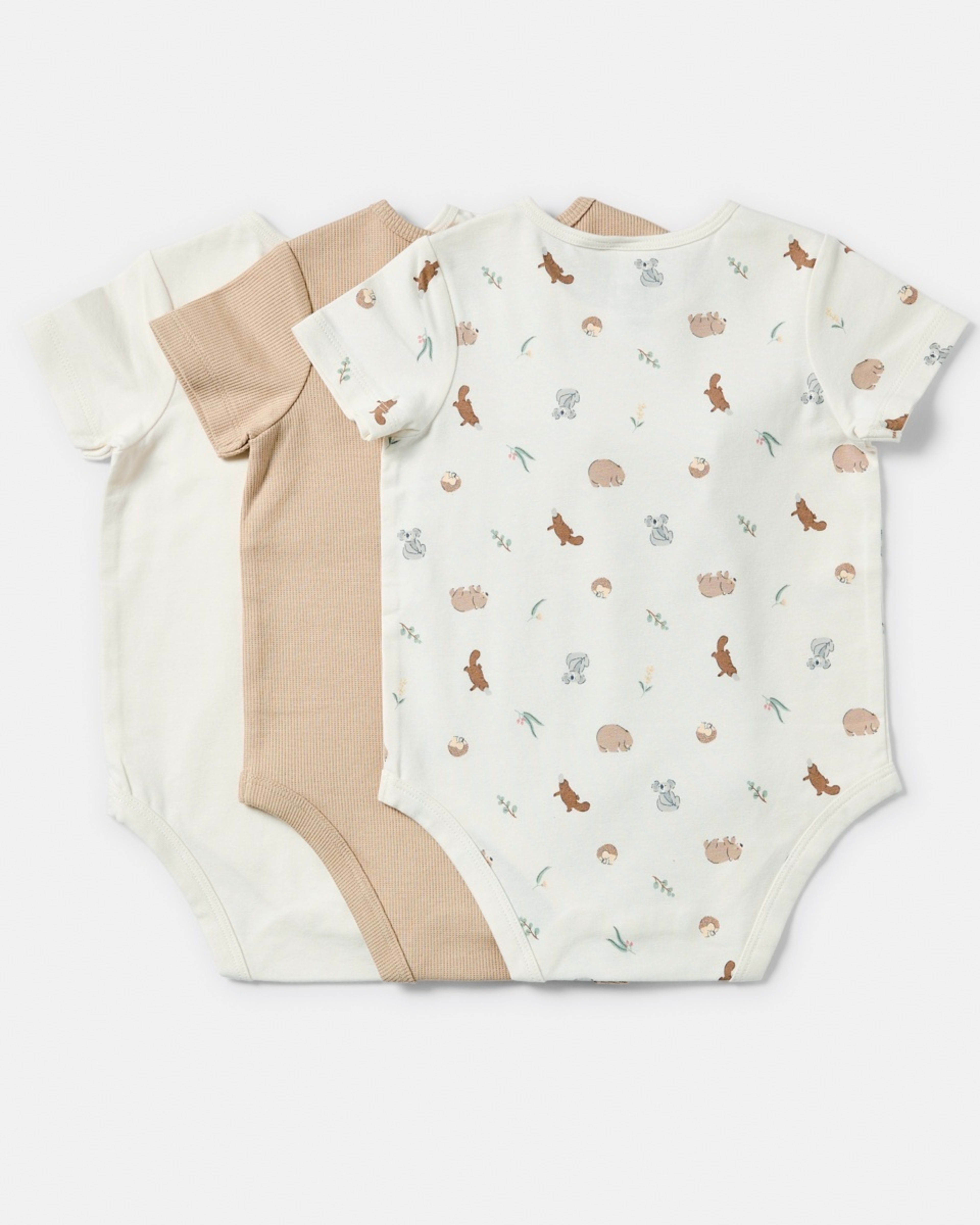 2 3 Pack Short Sleeve Print Bodysuits TAN WOMBAT, 2 of 8