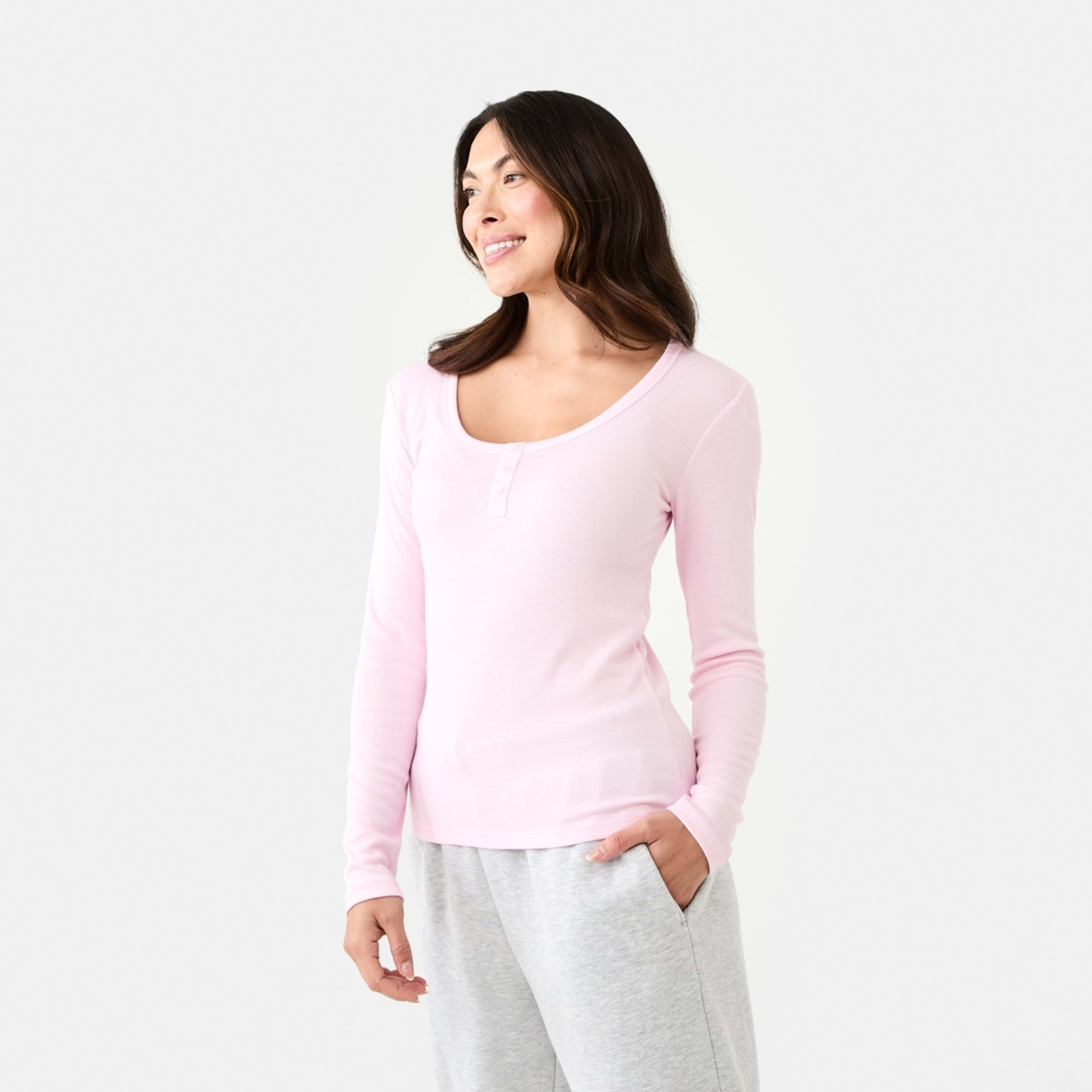 2 Long Sleeve Rib Henley Top Bllet Pink, 2 of 6