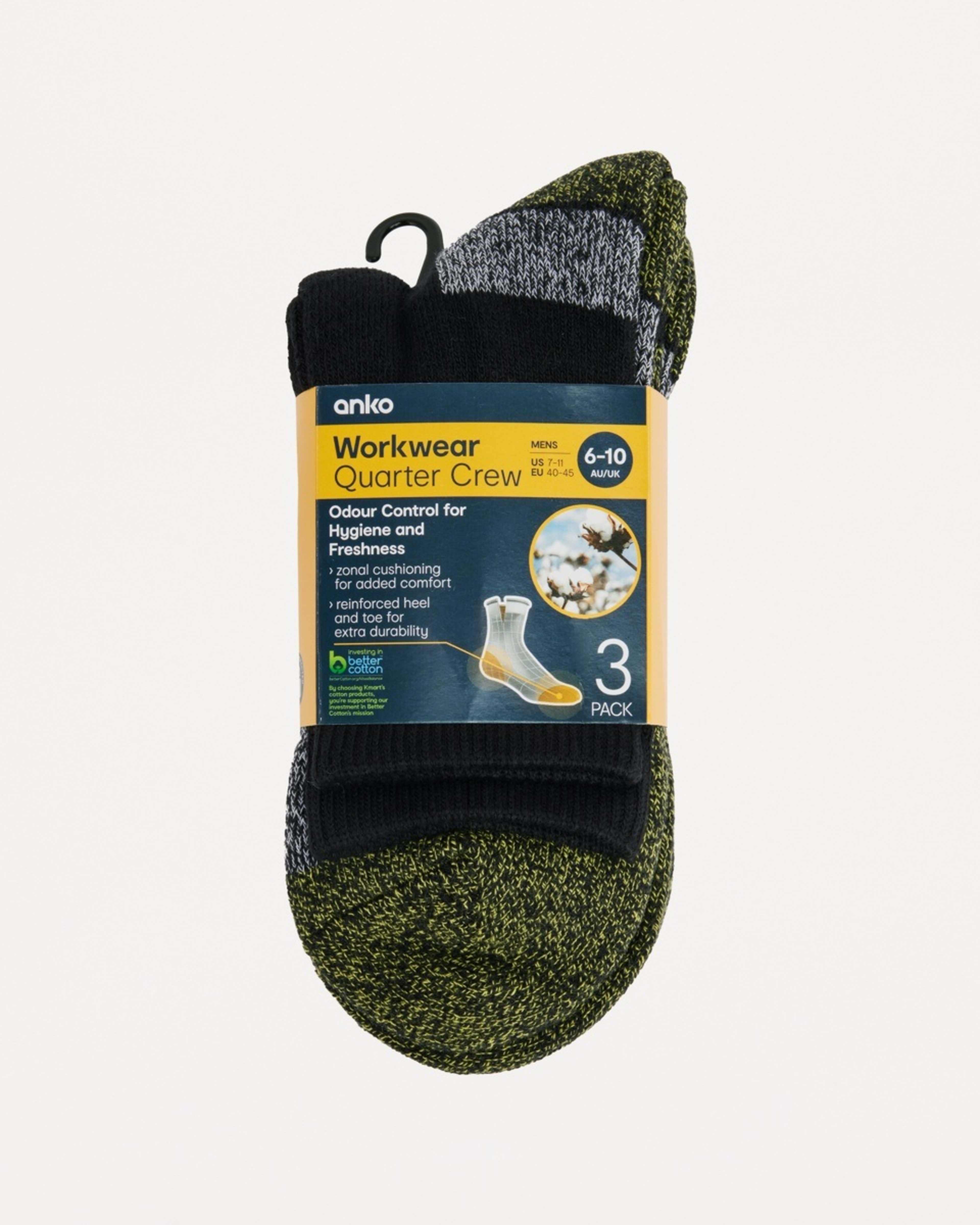 3 3 Pack Cotton Quarter Crew Socks BLACK YELLOW, 3 of 3
