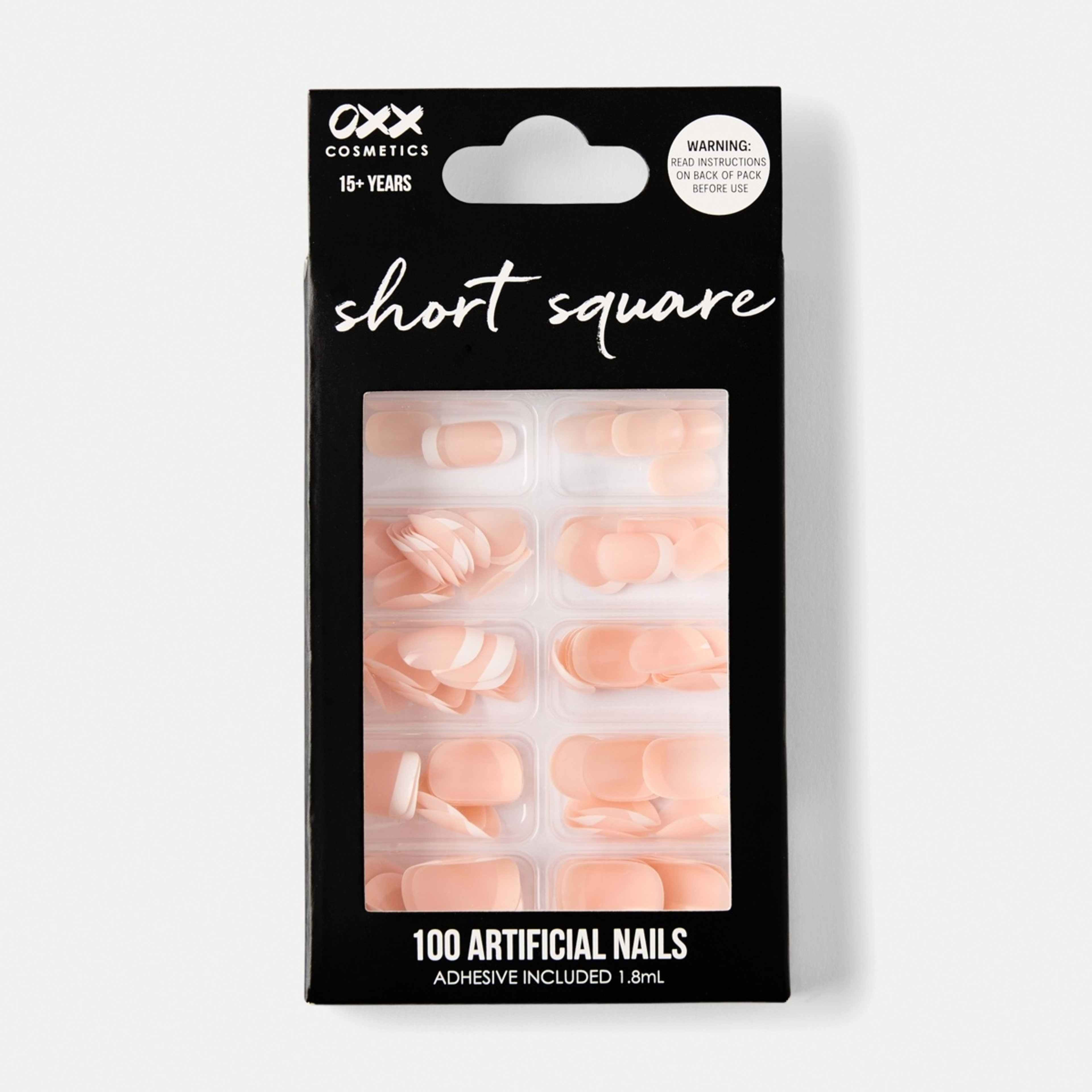1 OXX Cosmetics 100 Pack Artificial Nails with Adhesive - Short Square Shape, French Tip