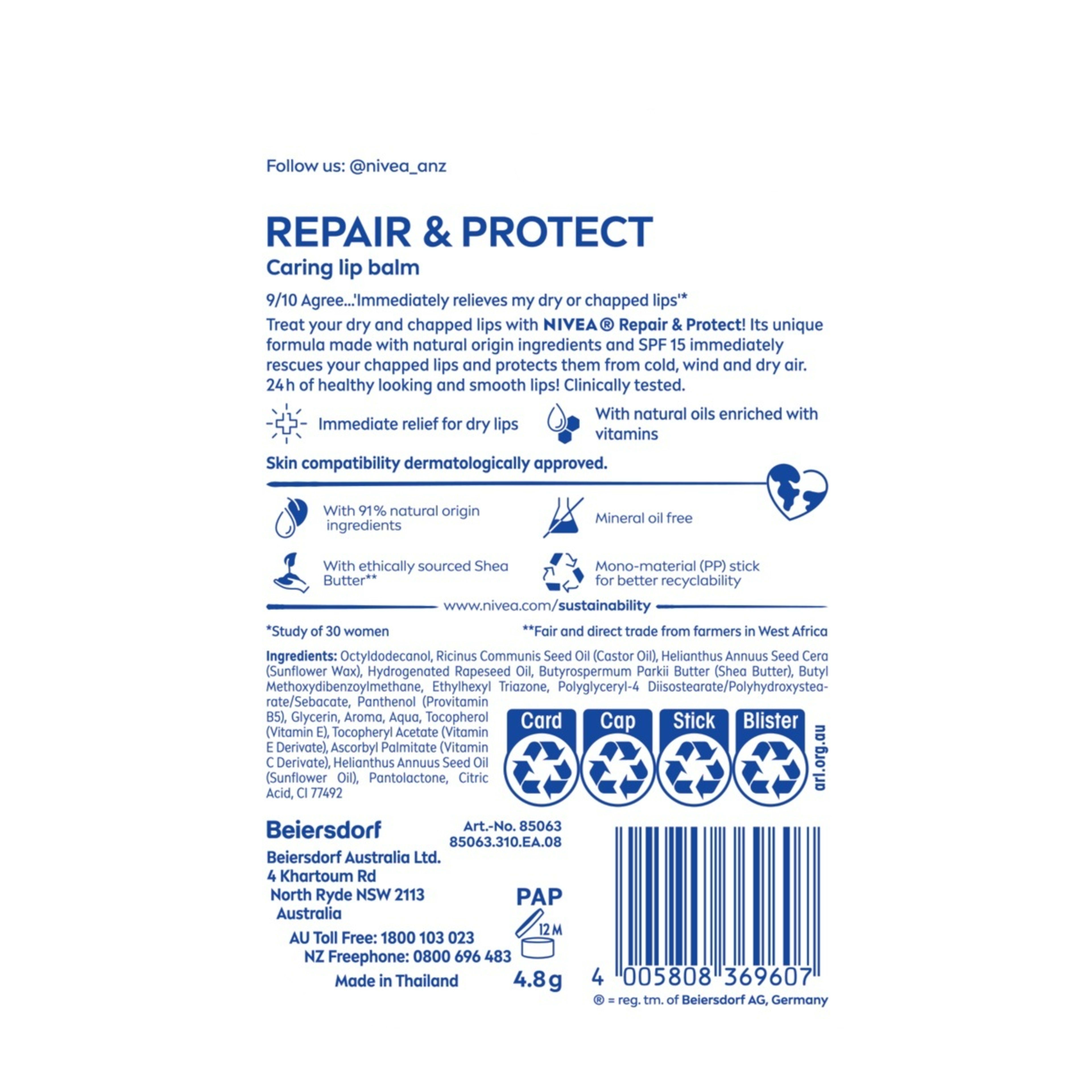 2 Nivea SPF 15 Repair and Protect Caring Lip Balm 4.8g, 2 of 7
