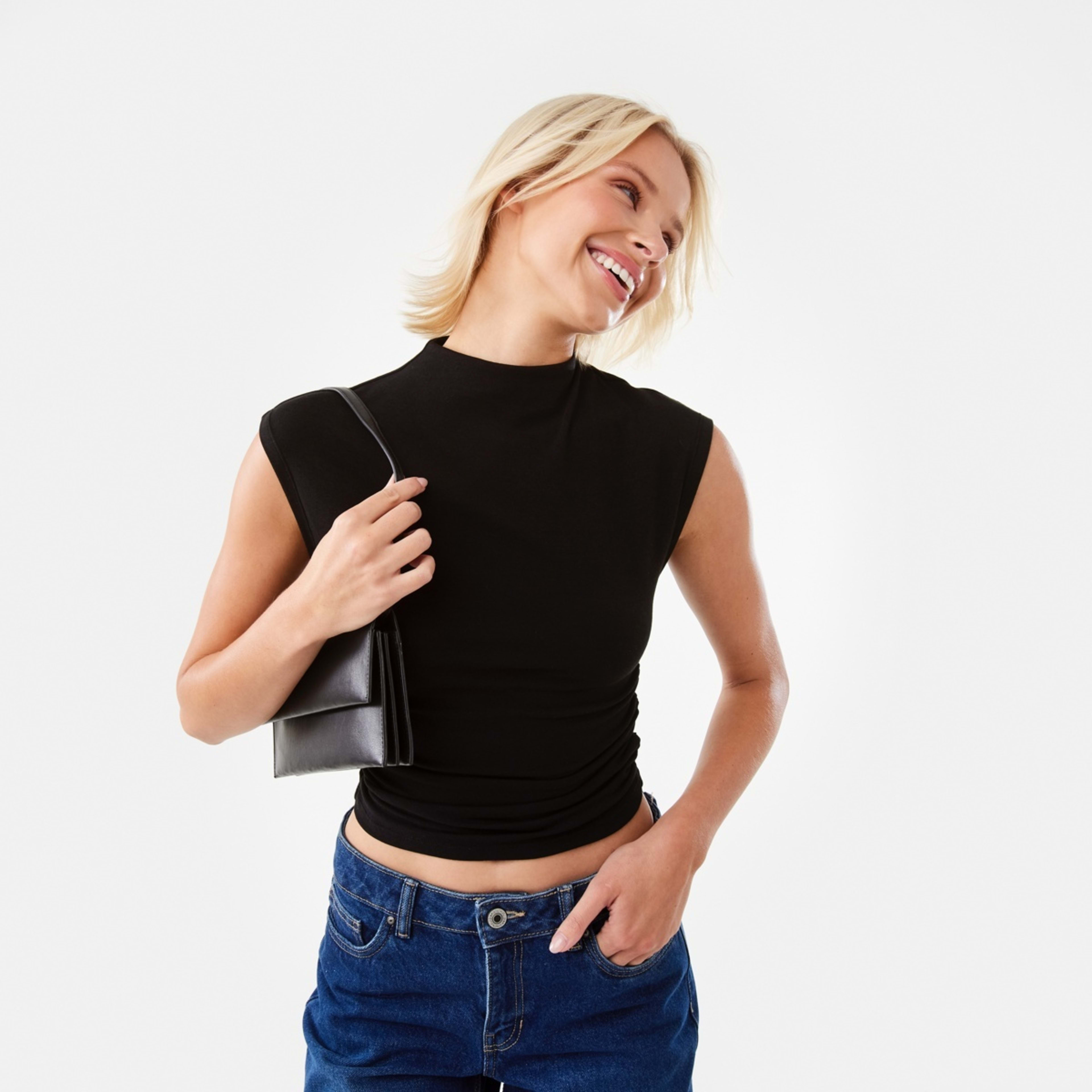 10 Sleeveless Mock Neck Ruched Top Black, 10 of 10