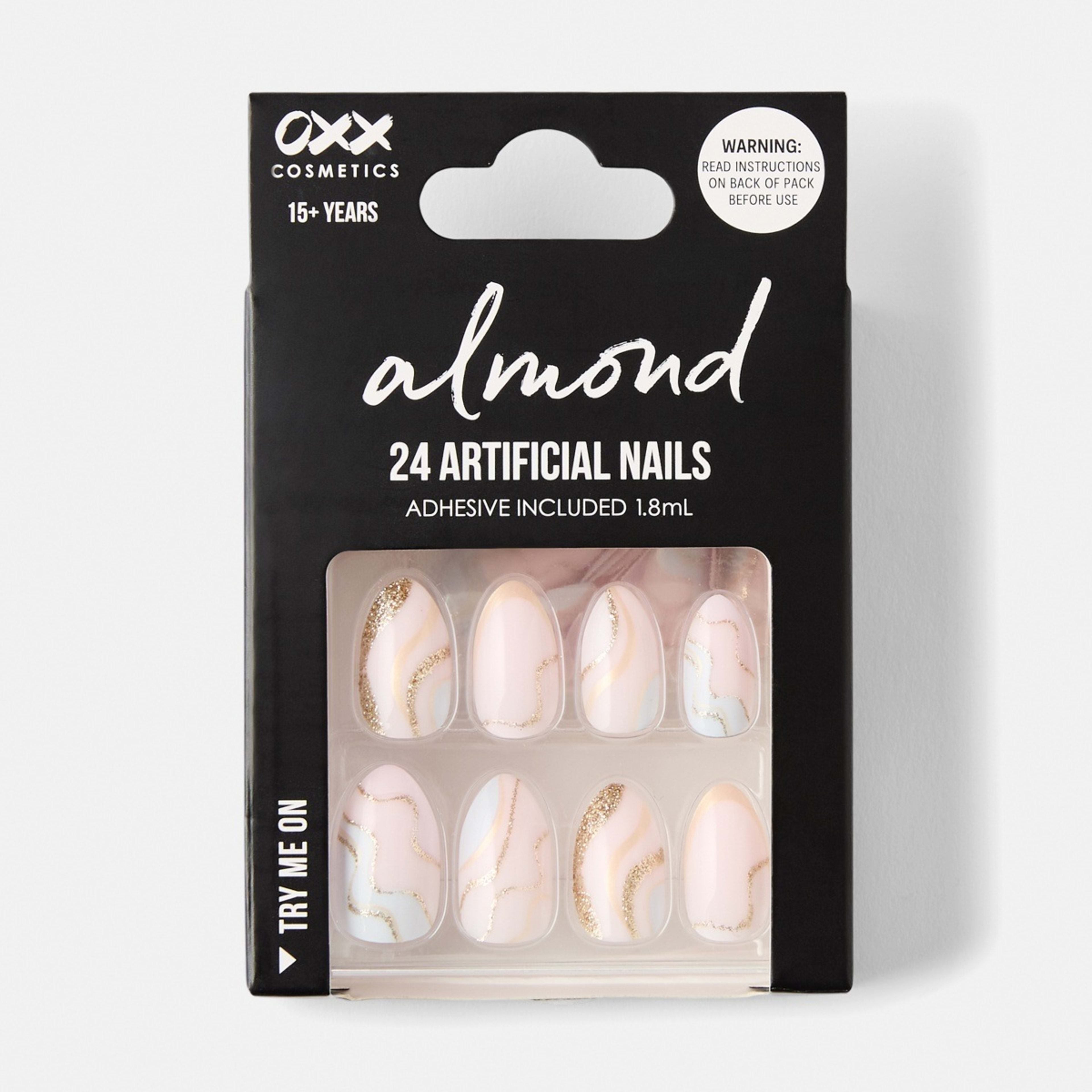 1 OXX Cosmetics 24 Pack Artificial Nails with Adhesive - Almond Shape, Pink and Gold Glitter