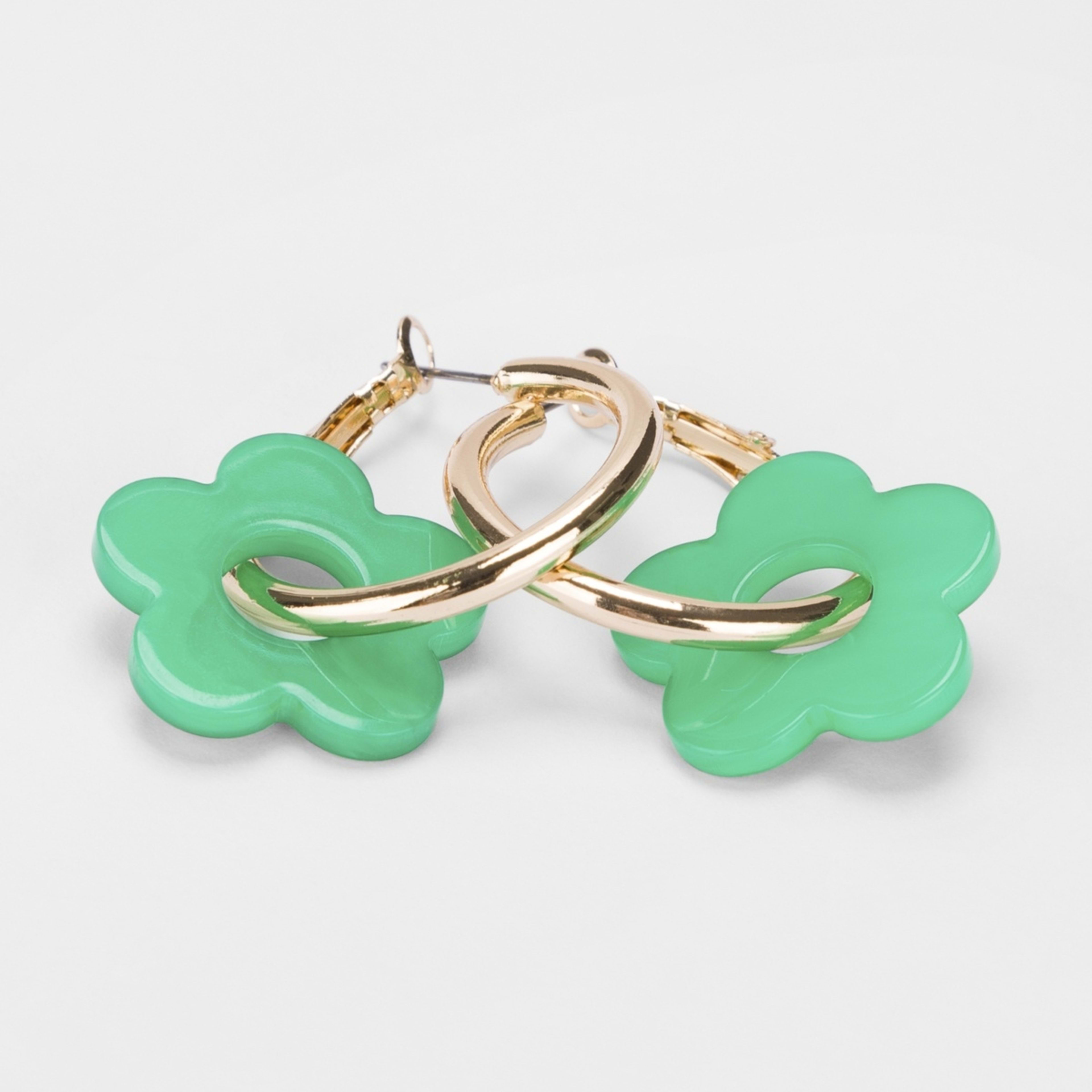 Flower Hoop Earrings - Green and Gold Tone - Kmart