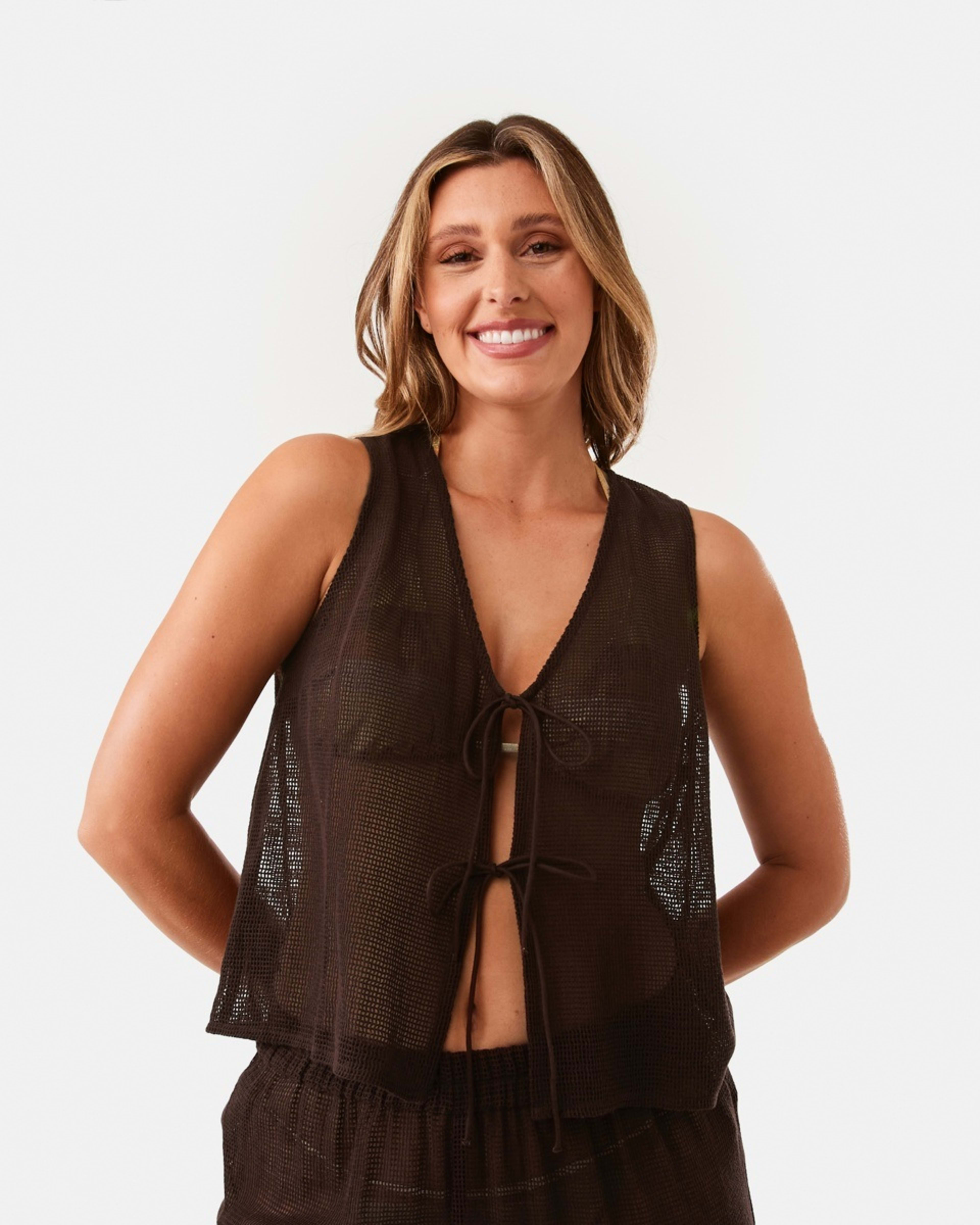 1 Open Mesh Lace Up Top Plum Brown, 1 of 6