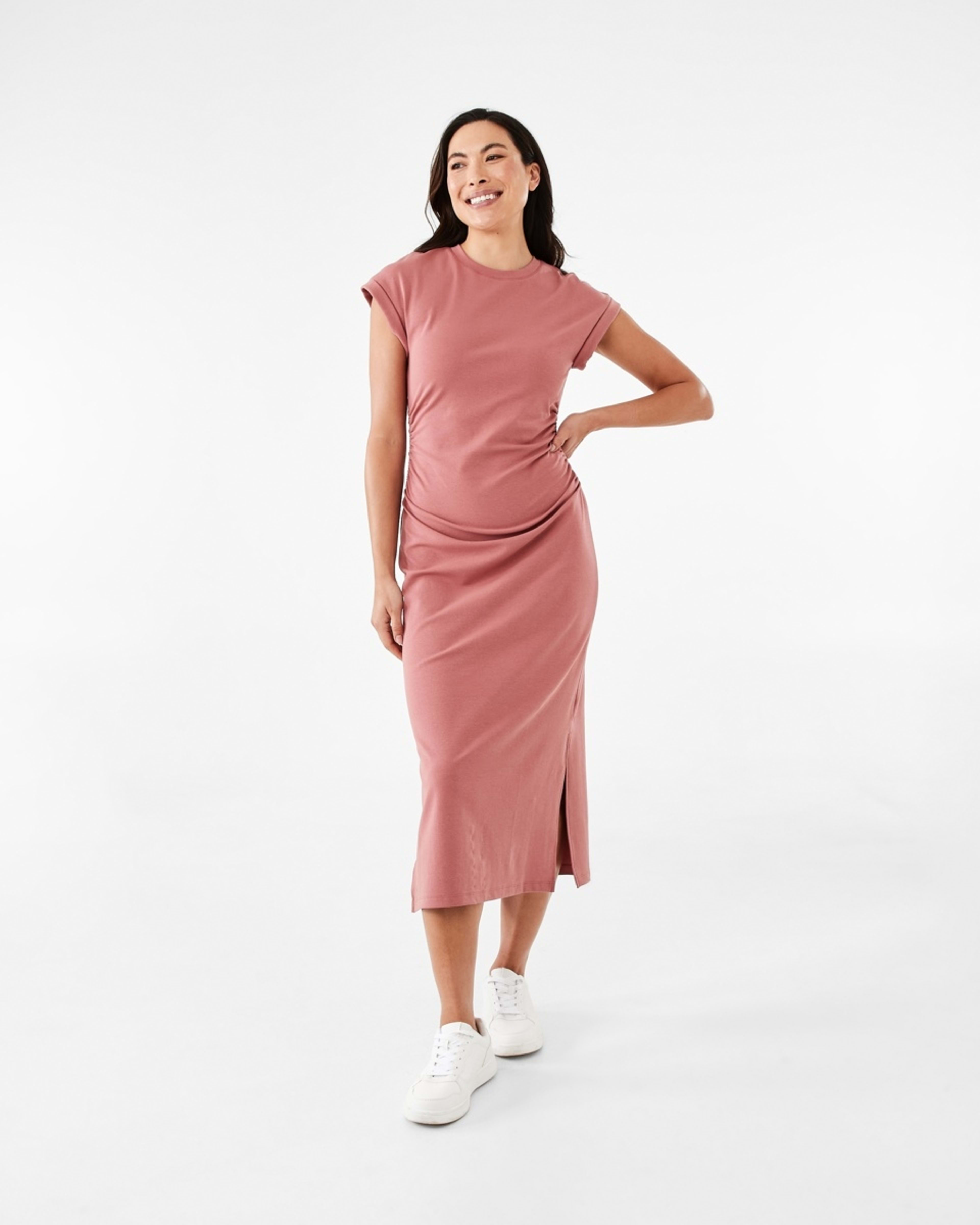 1 Short Sleeve Extended Ruched Midi Dress Soft Red, 1 of 7