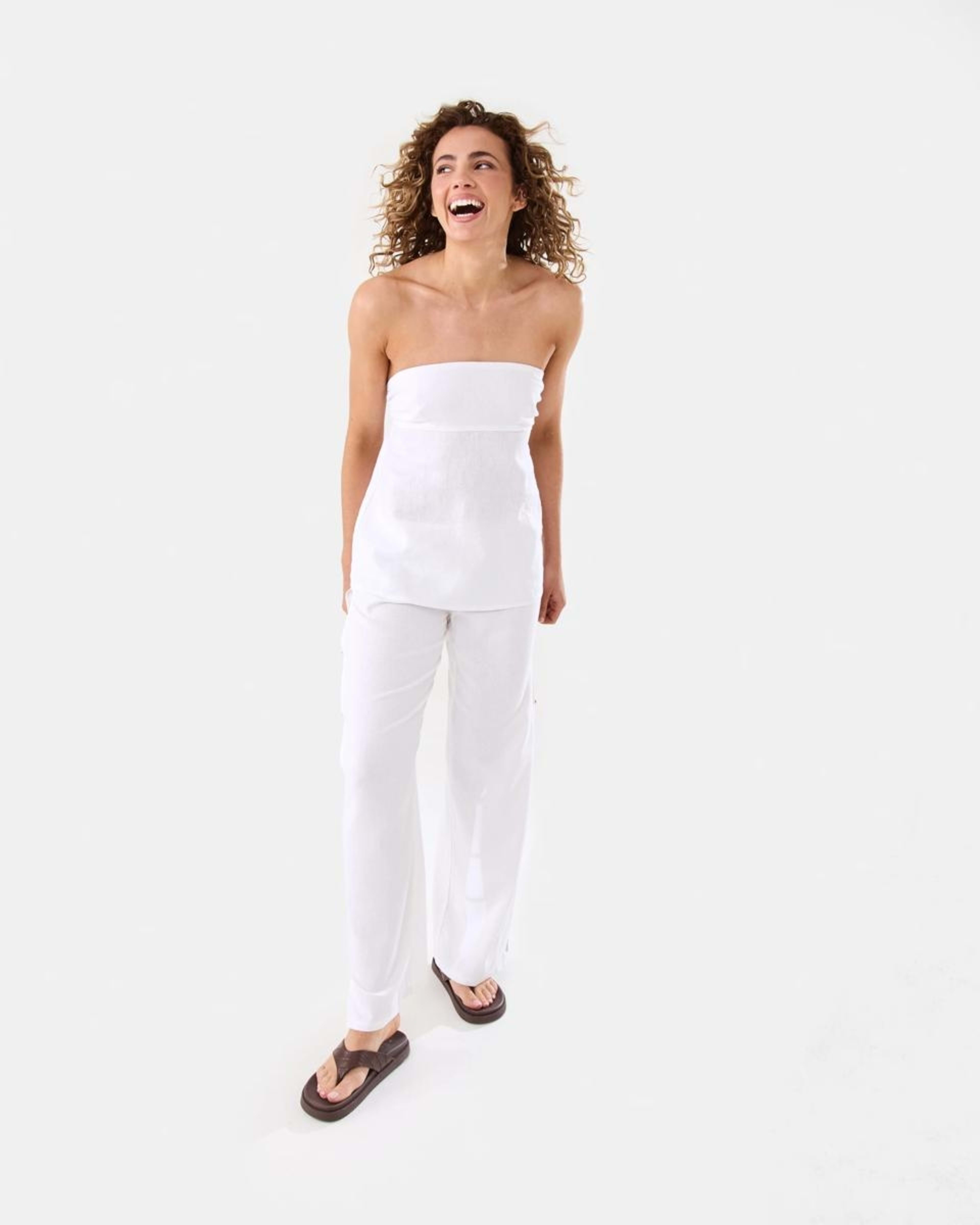 2 Strapless Tie Back Linen Blend Top WHITE, 2 of 10