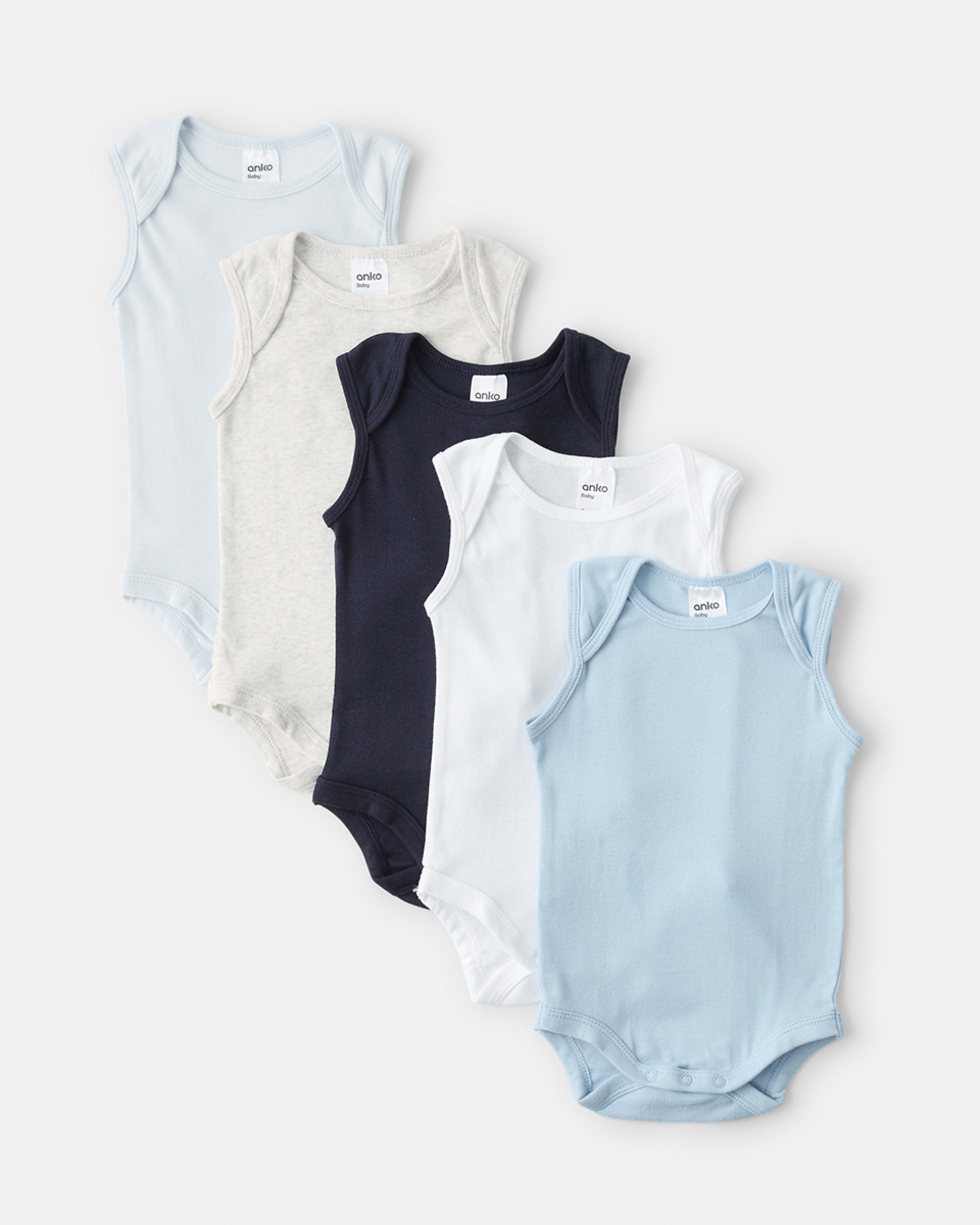 1 5 Pack Sleeveless Bodysuits Blue