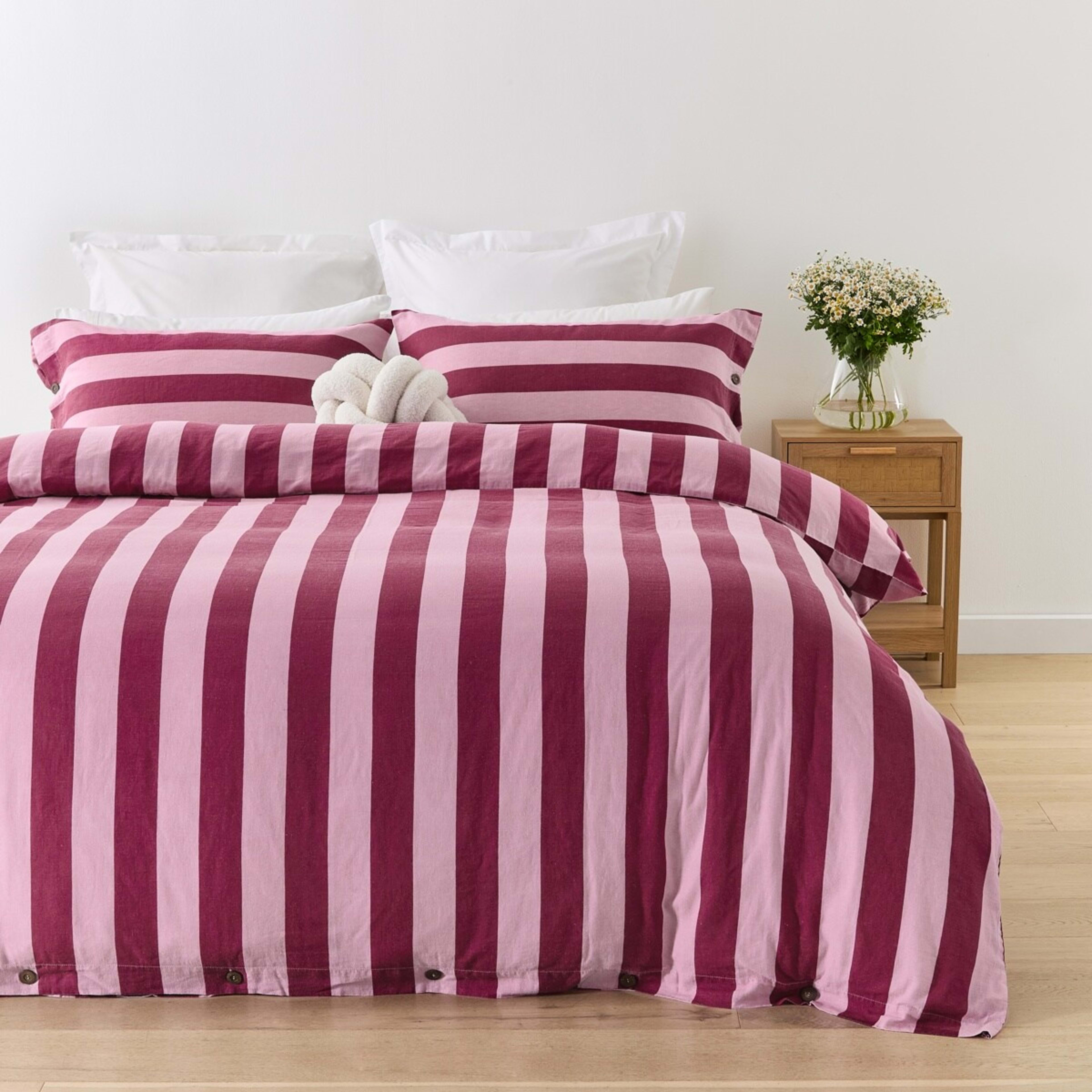 1 Stripe Linen Cotton Quilt Cover Set - Queen Bed, Berry