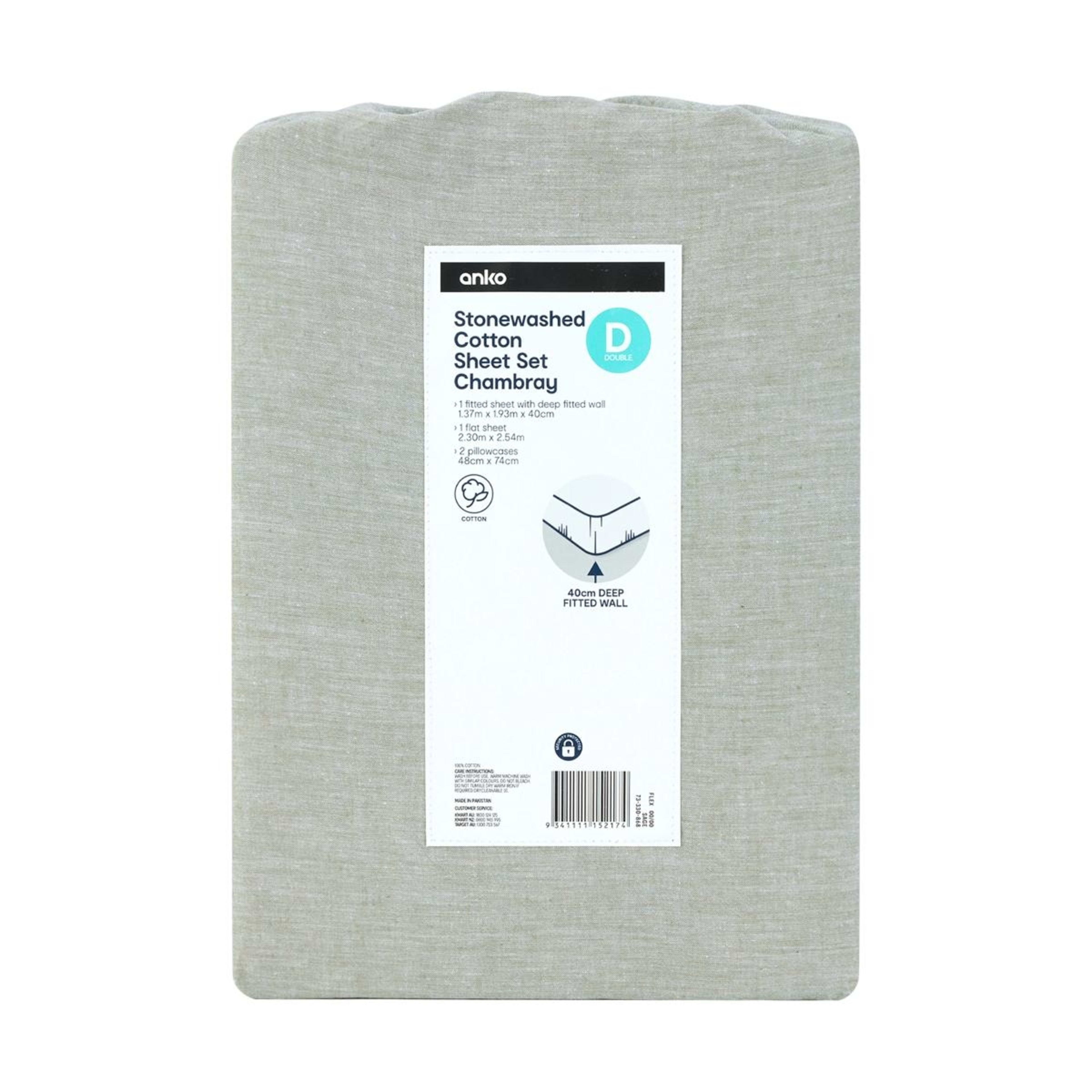 7 Stonewashed Chambray Cotton Sheet Set - Double Bed, Sage, 7 of 7