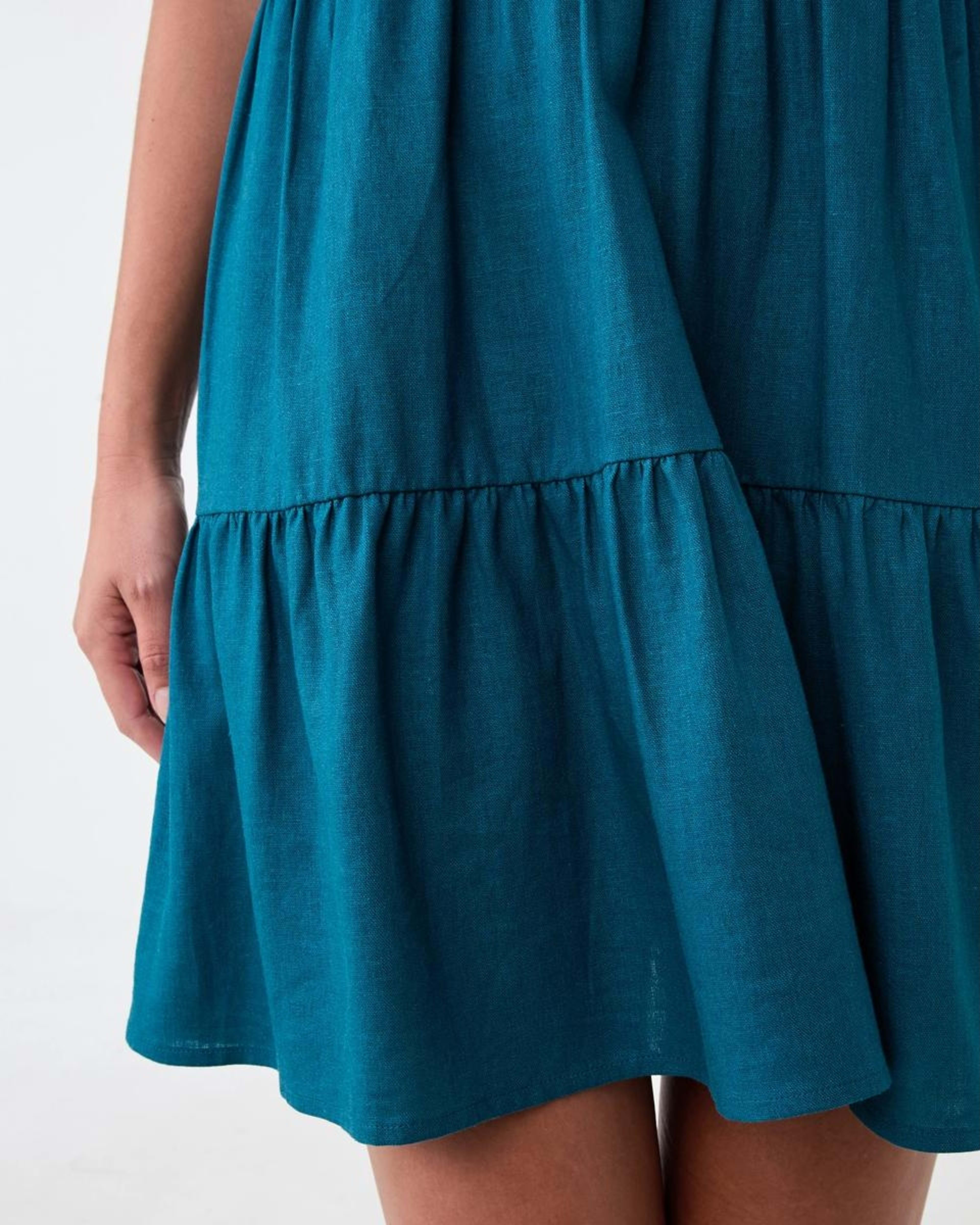 8 Short Sleeve Linen Blend Tiered Mini Dress Teal Coral, 8 of 9