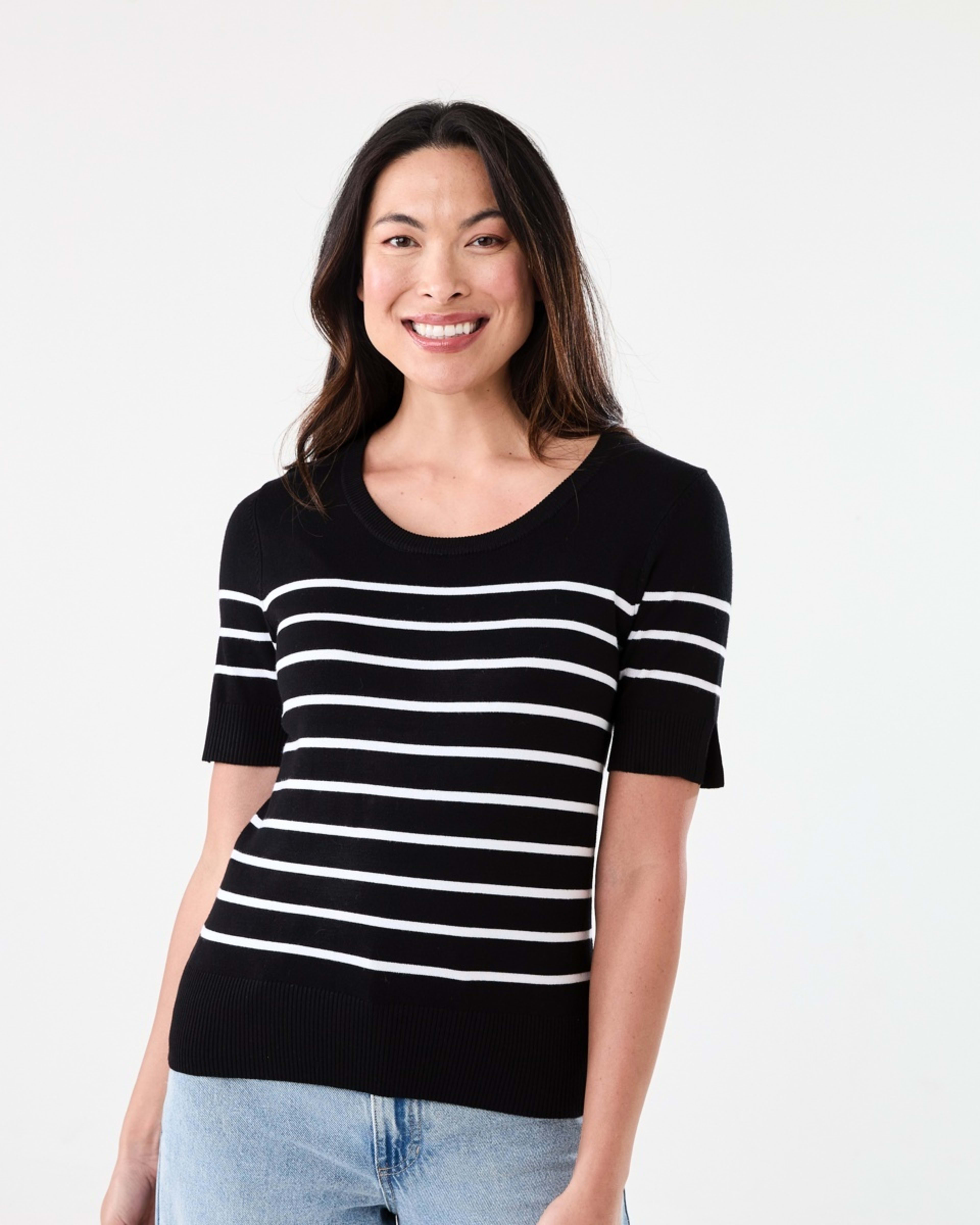 1 Short Elbow Sleeve Scoop Neck Top Ecru Strp