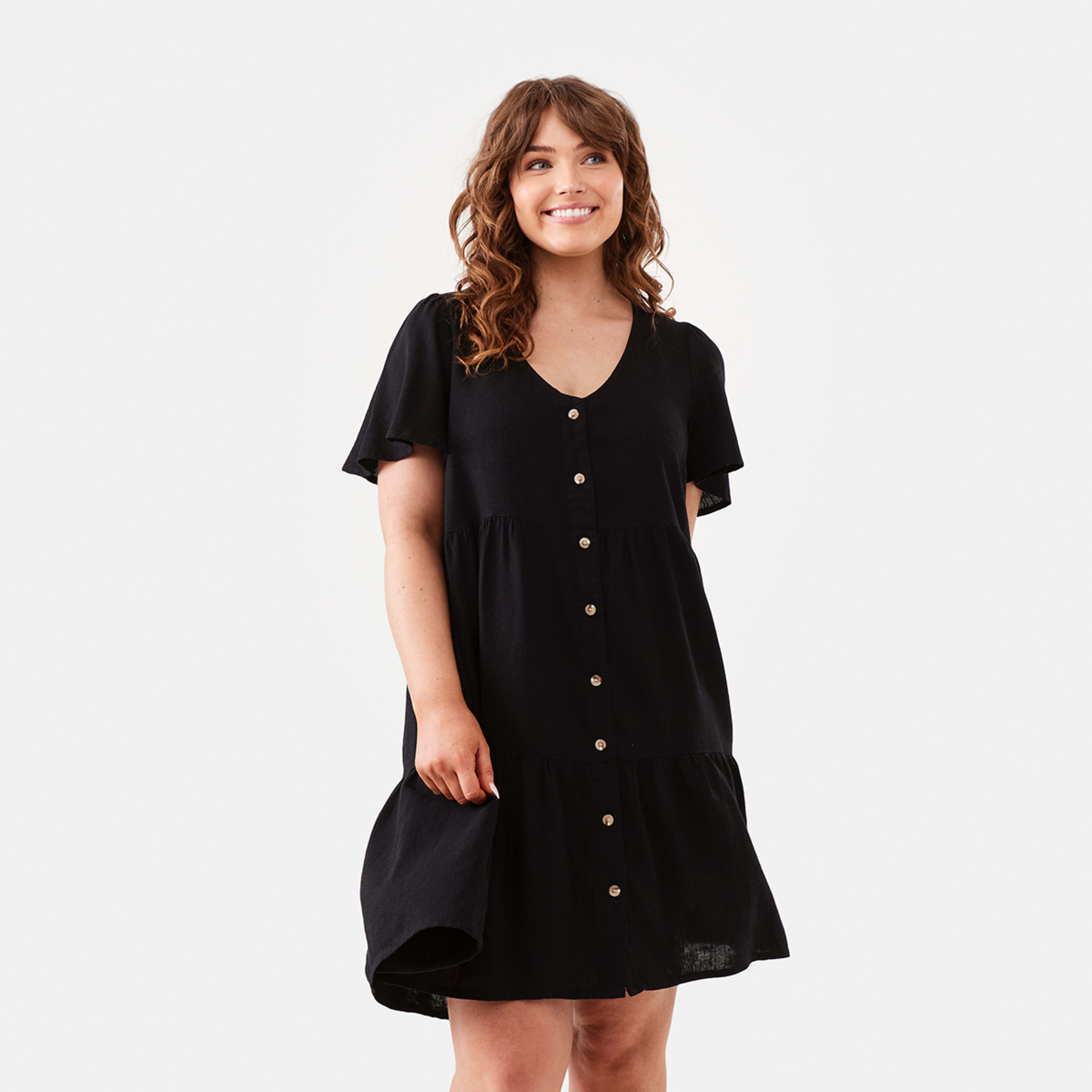 1 Short Sleeve Tiered Mini Dress Black, 1 of 8