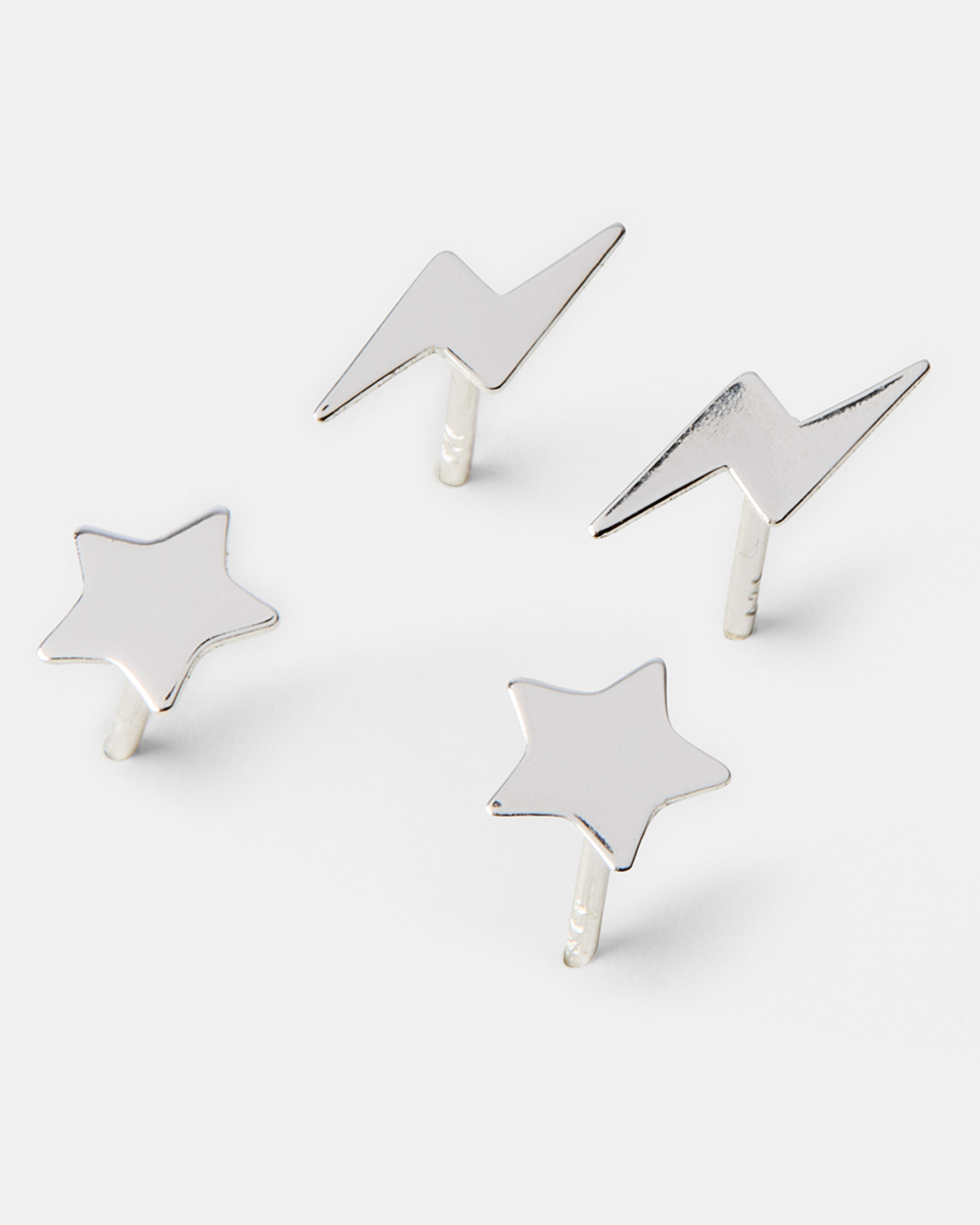 2 2 Pack Sterling Silver Star and Bolt Stud Earrings Silver, 2 of 5