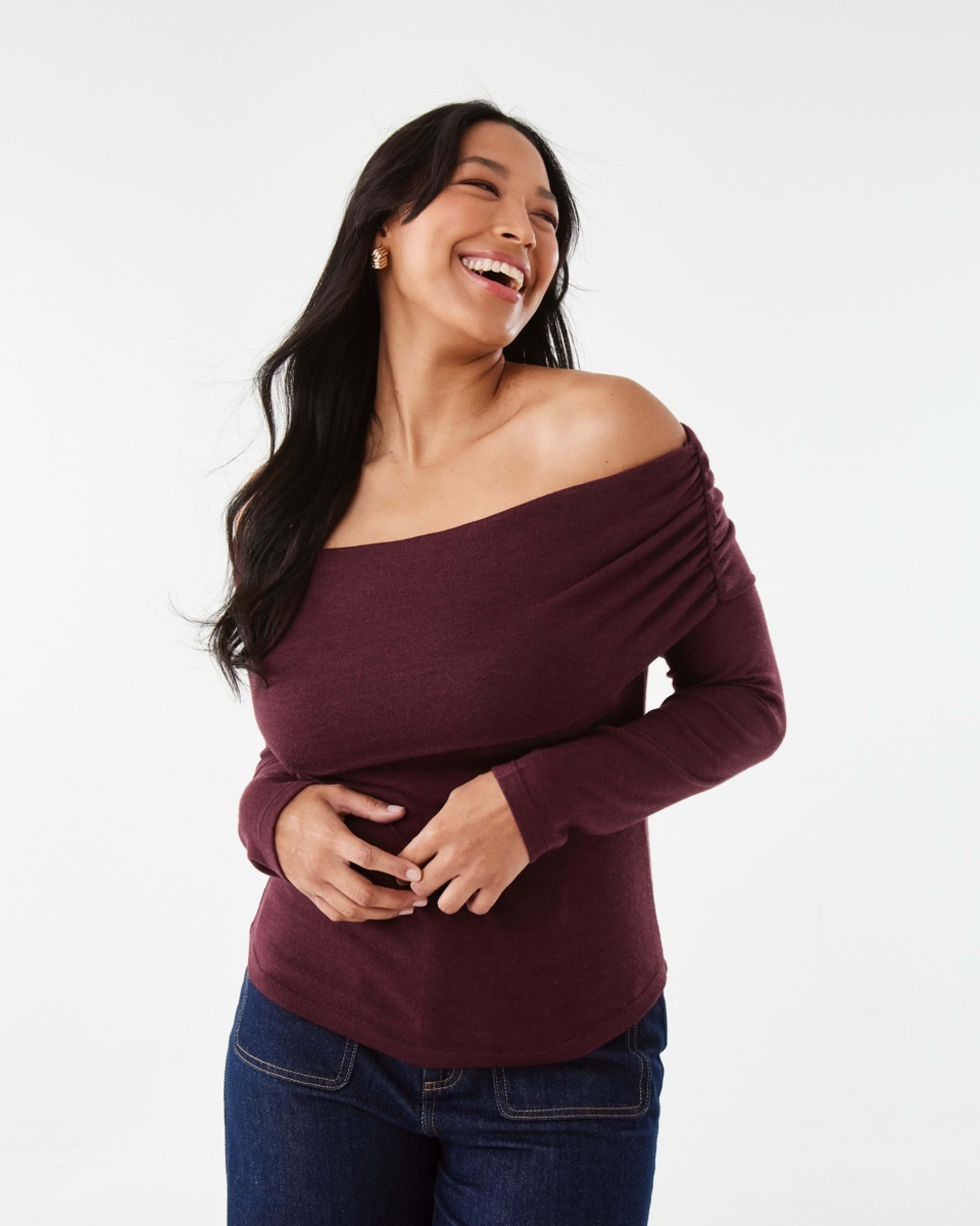 1 Long Sleeve Off Shoulder Top Burgundy