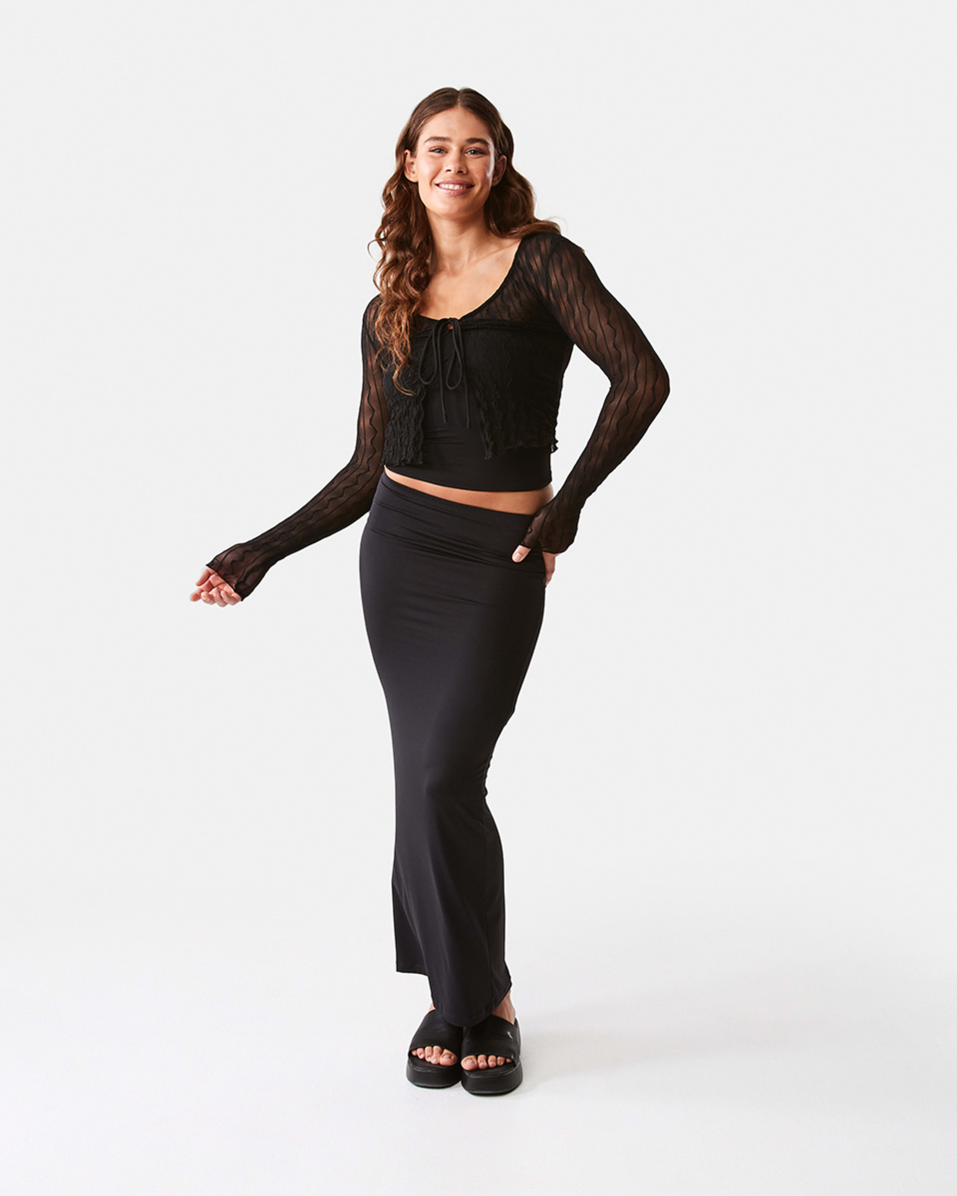 Long Sleeve Textured Tie Front Top Kmart