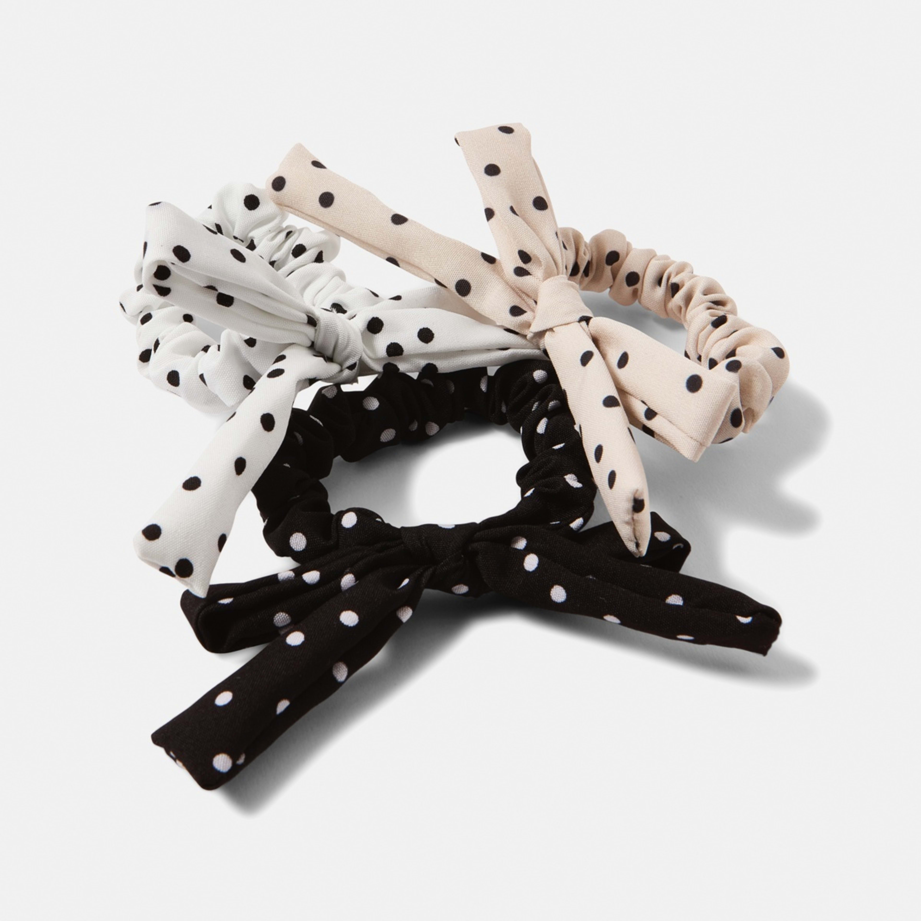 3 3 Pack Polka Dot Bow Hair Scrunchies - Black, White and Beige, 3 of 5
