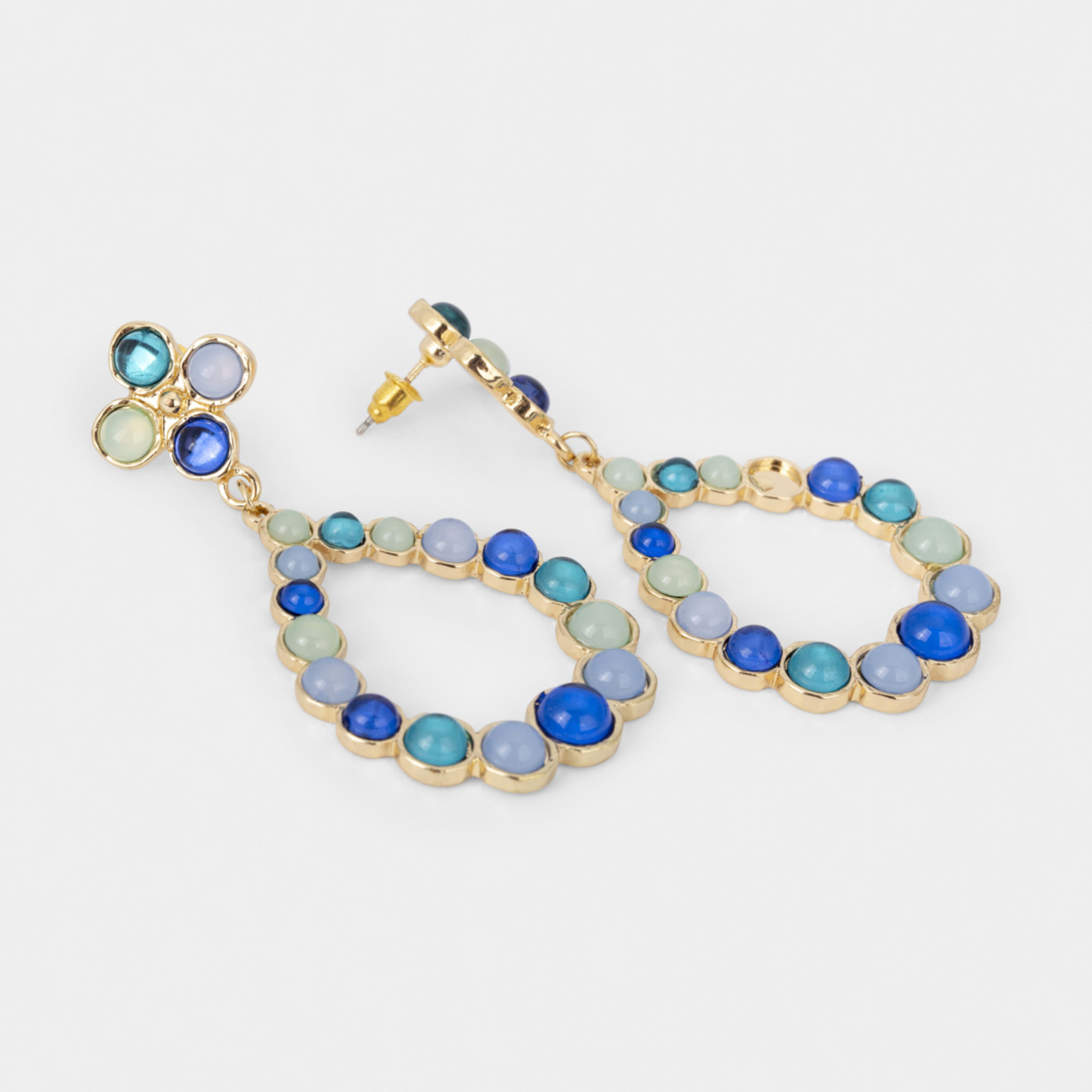 4 Flower Tear Drop Earrings - Gold Tone and Pale Blue, 4 of 5