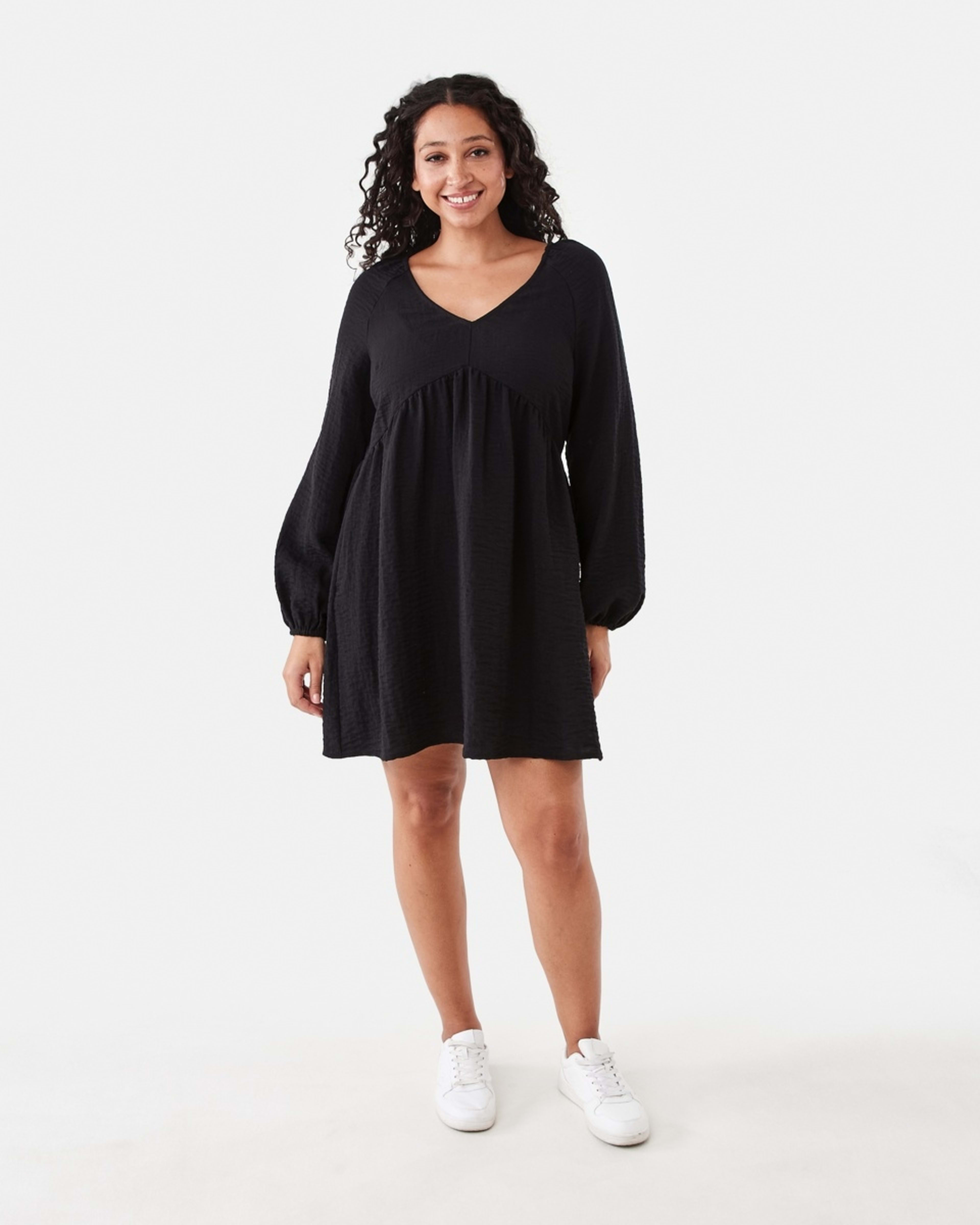 7 Long Sleeve Textured Smock Mini Dress Black, 7 of 7