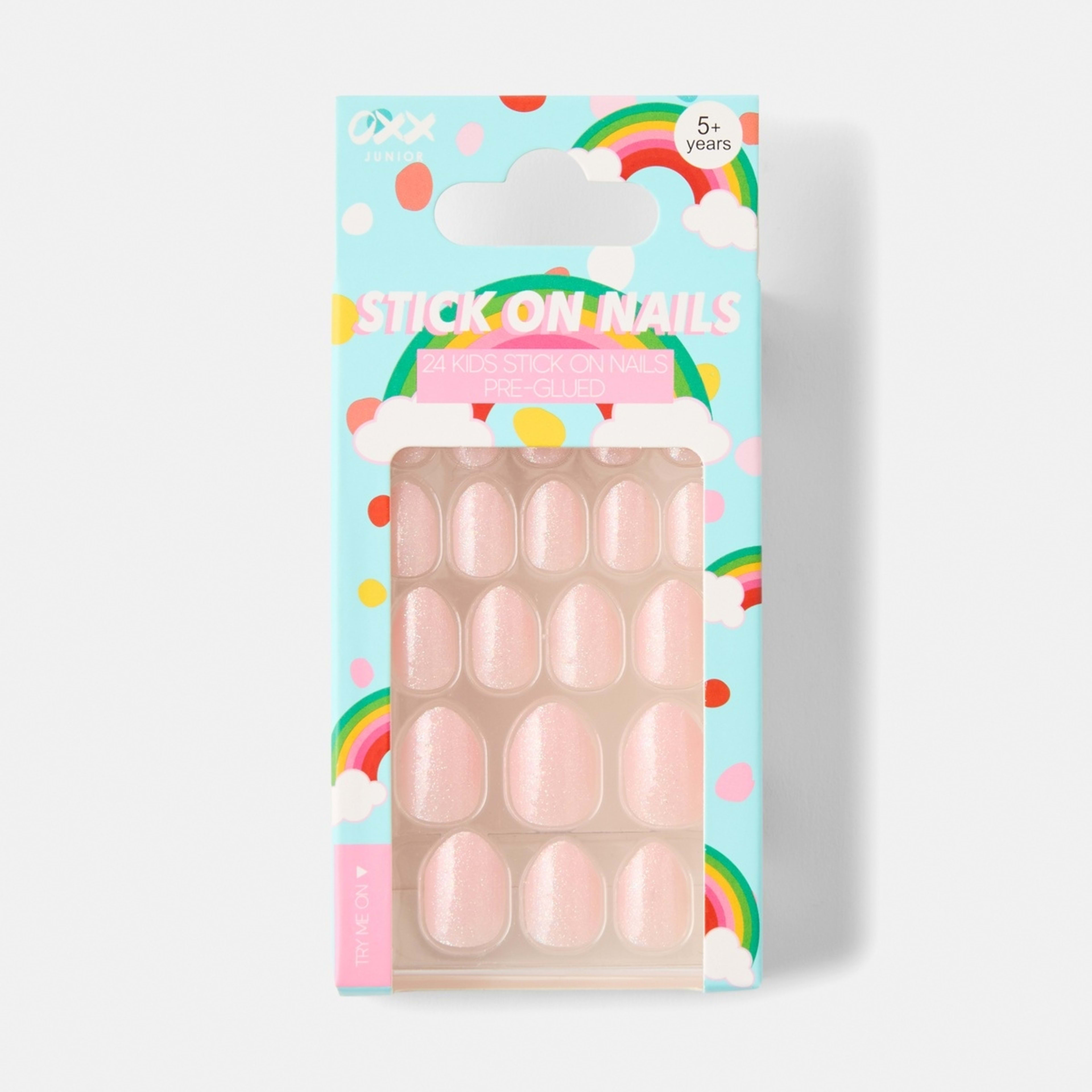 1 OXX Junior 24 Pack Pre-Glued Stick-On Nails - Shimmer, Pink and White