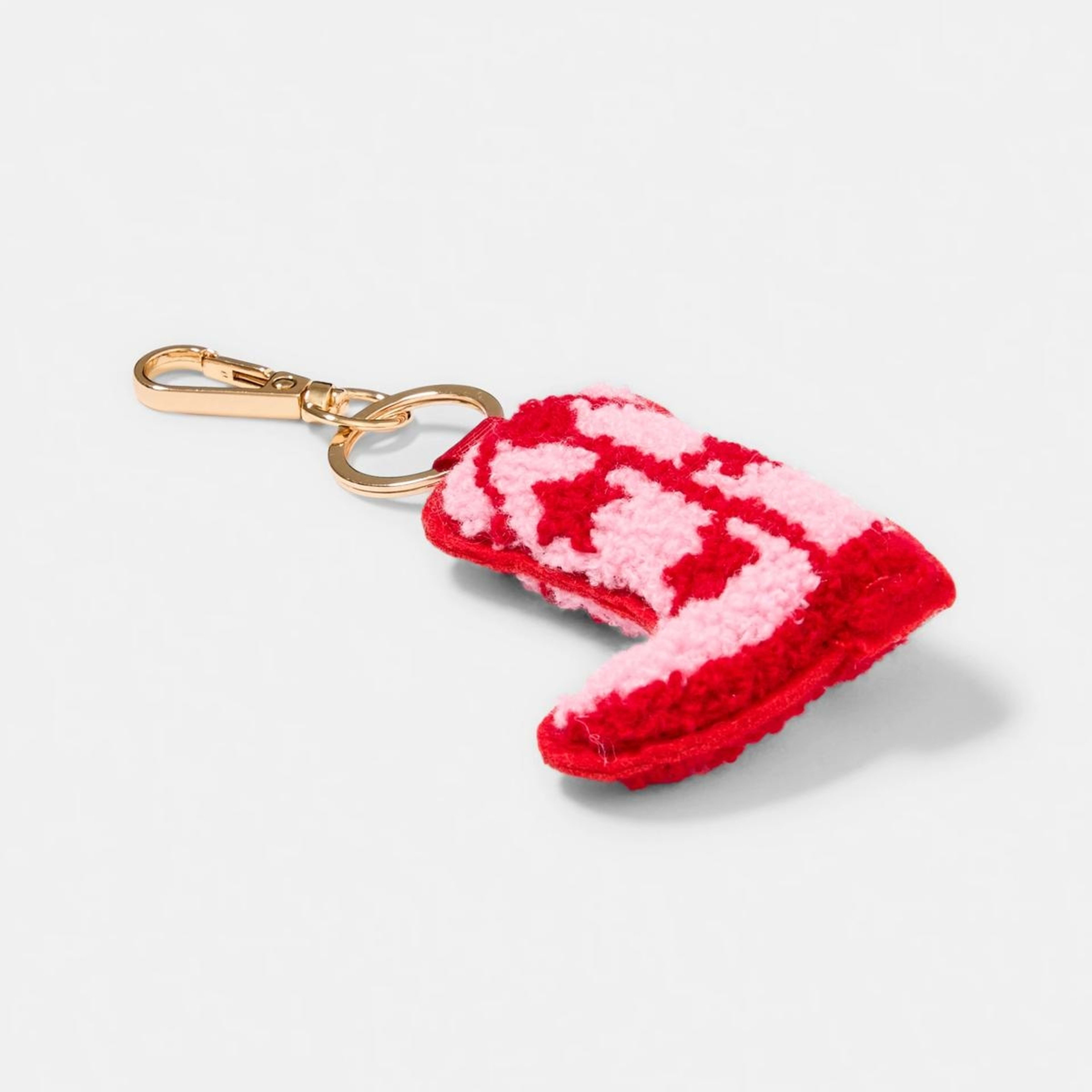 2 Fluffy Boot Charm Keyring - Gold Tone, Red and Pink, 2 of 3