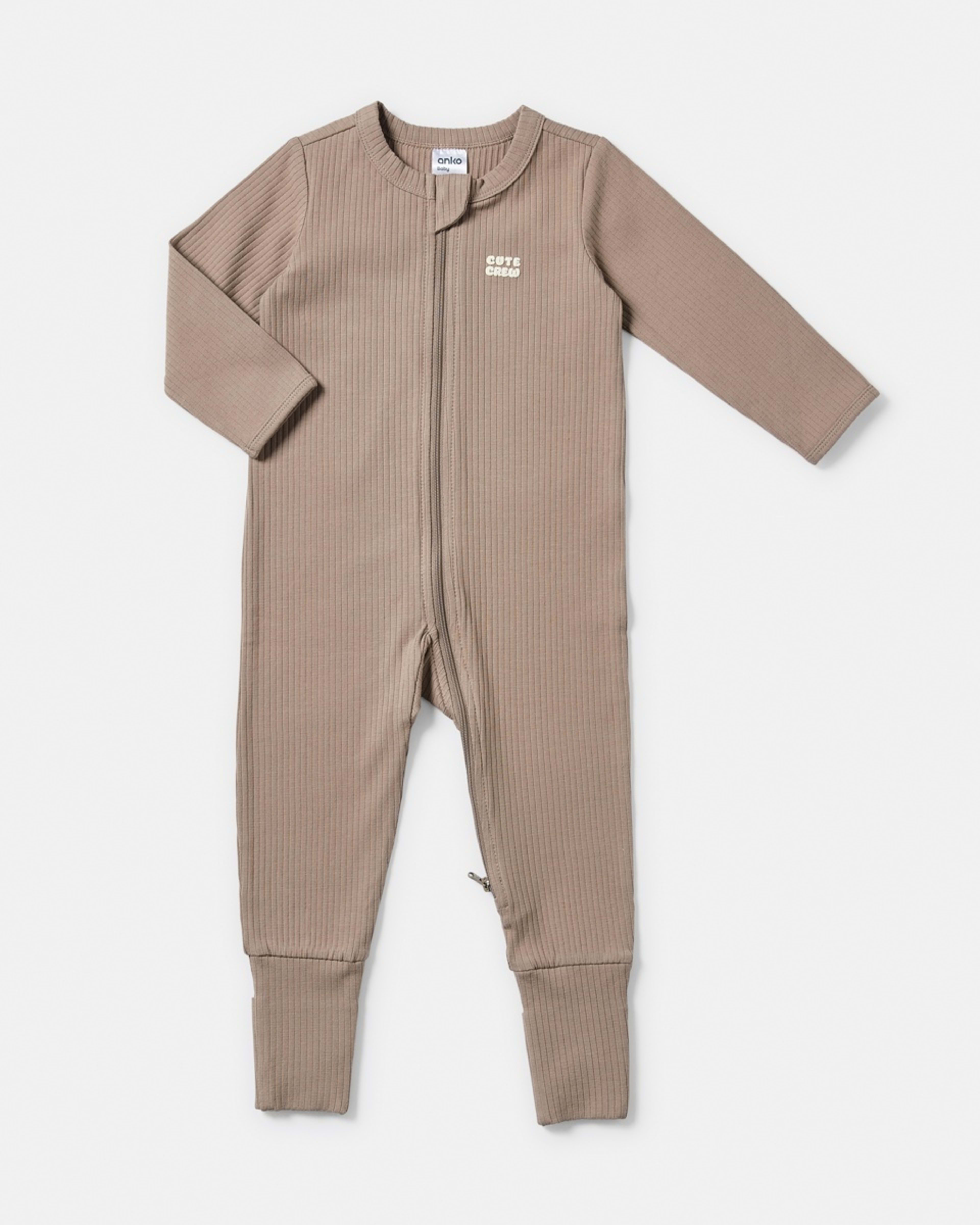 1 Rib Turn Cuff Coverall BROWN CUTE SLOGAN, 1 of 3