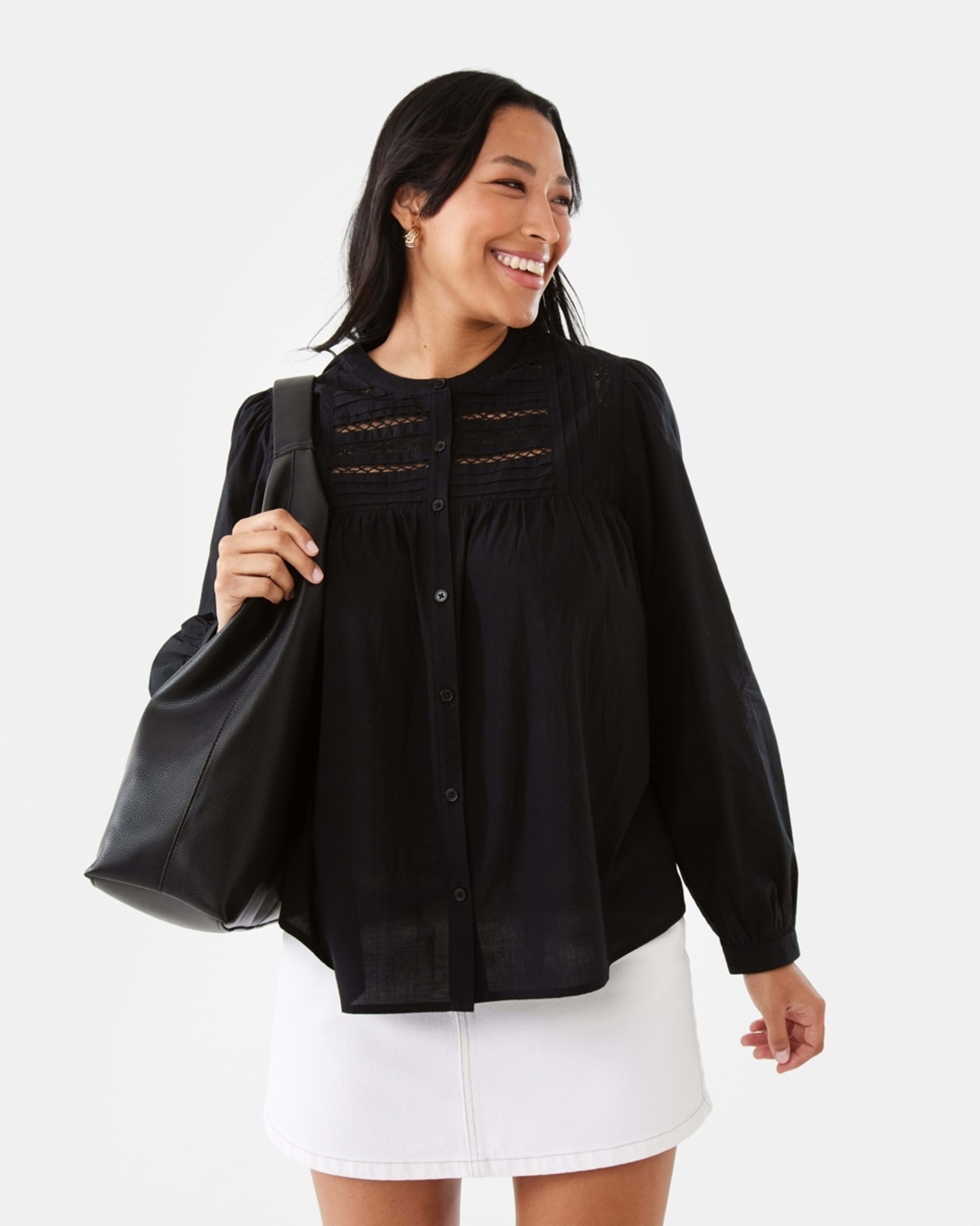 7 Long Sleeve Boho Lace Trim Blouse Black, 7 of 7
