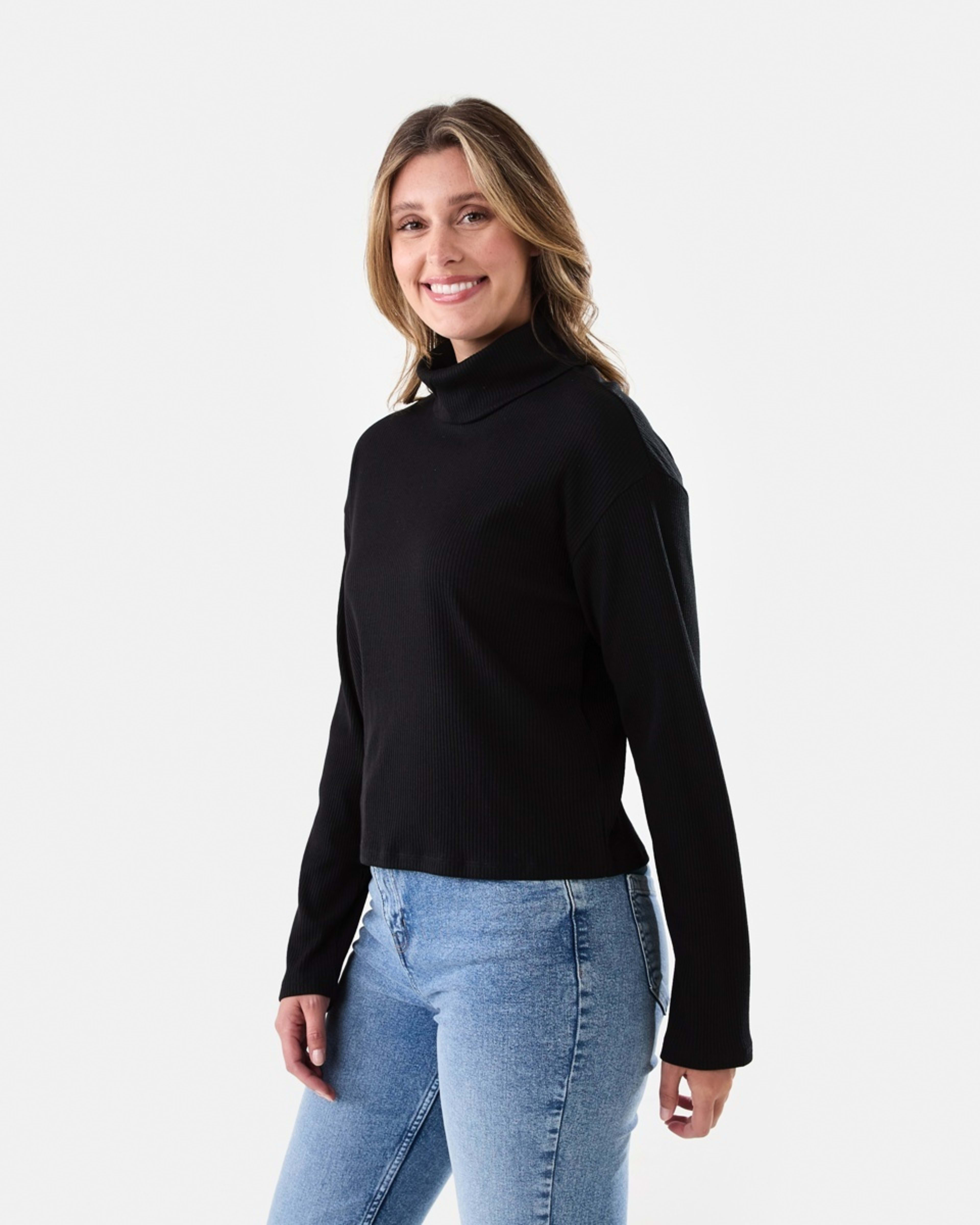 2 Long Sleeve Rib Turtleneck Top Black, 2 of 5