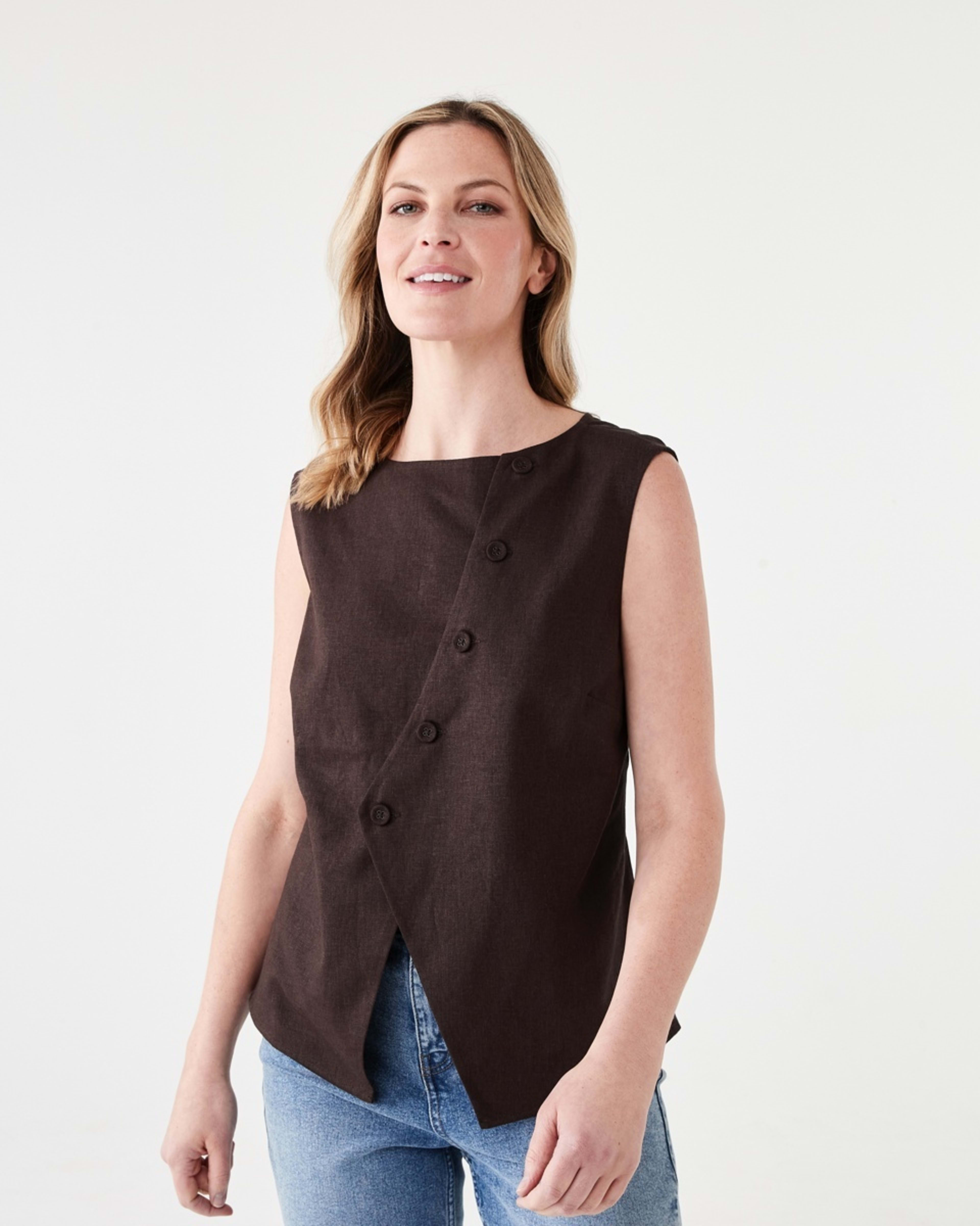 1 Sleeveless Asymmetrical Button Through Vest MELTED CHOCOLATE, 1 of 6