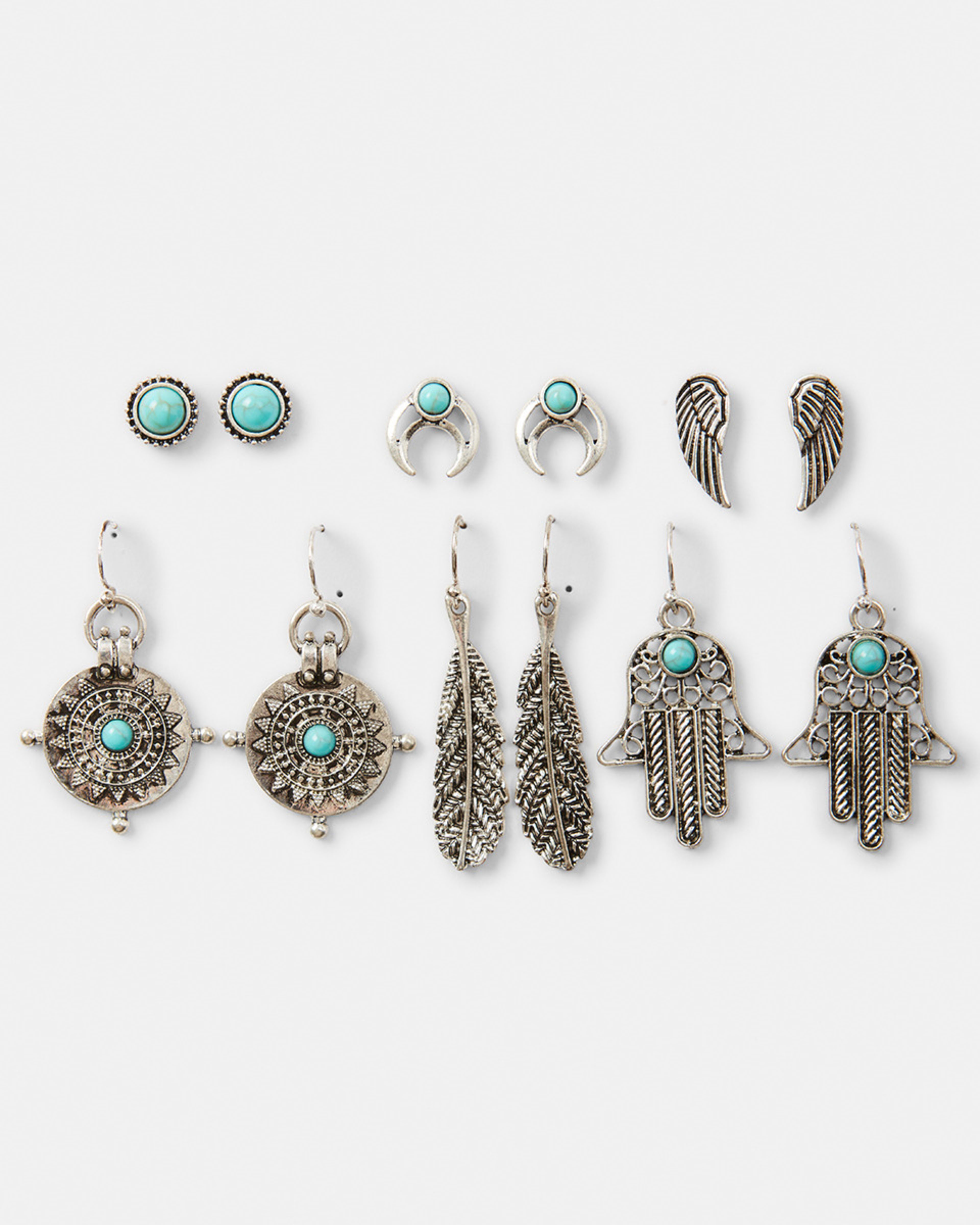 1 6 Pack Turquoise Burnished Earrings - Silver Tone Silver