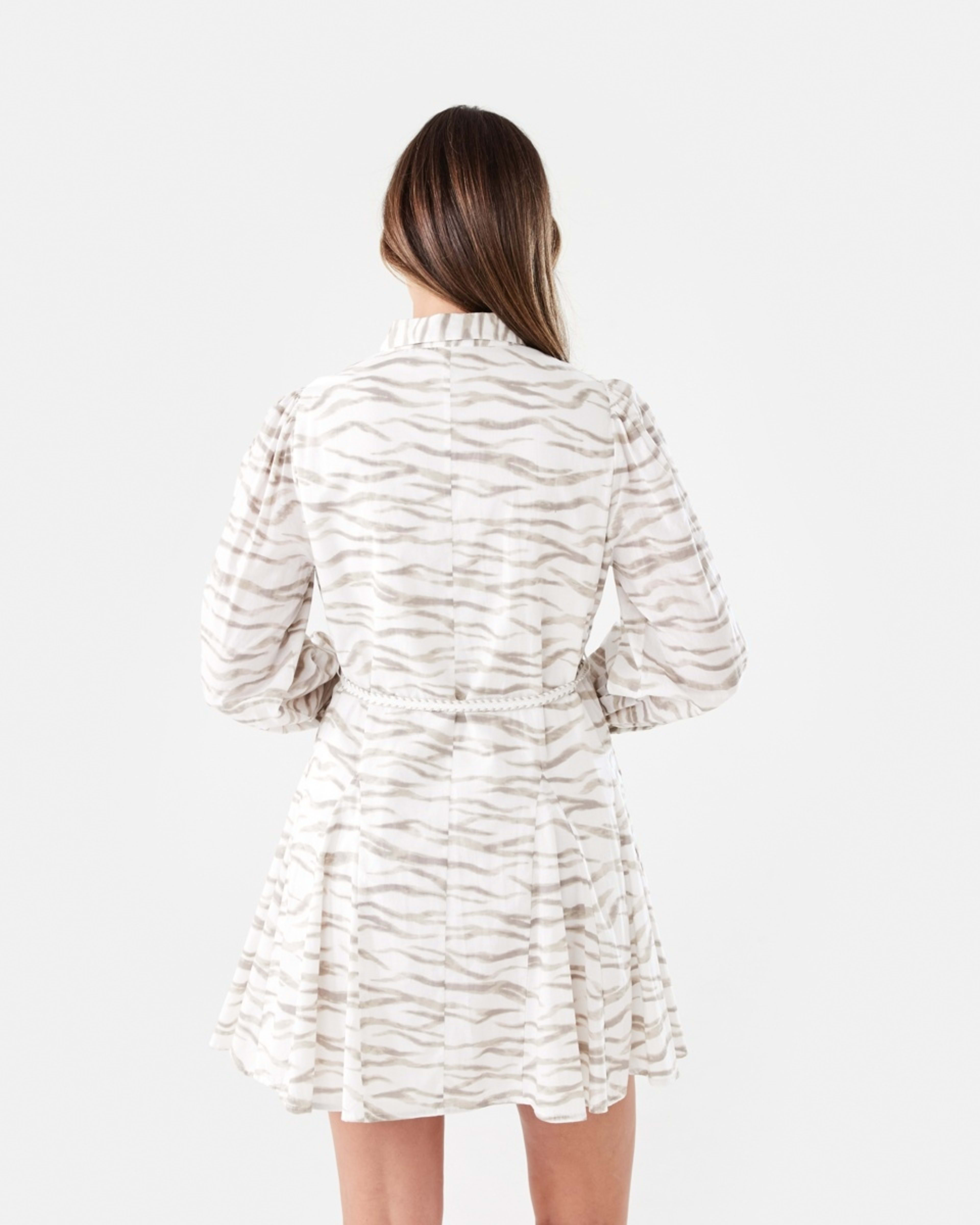 3 Long Balloon Sleeve Tie Waist Mini Dress SOFT ZEBRA CLOUD DANCER, 3 of 8