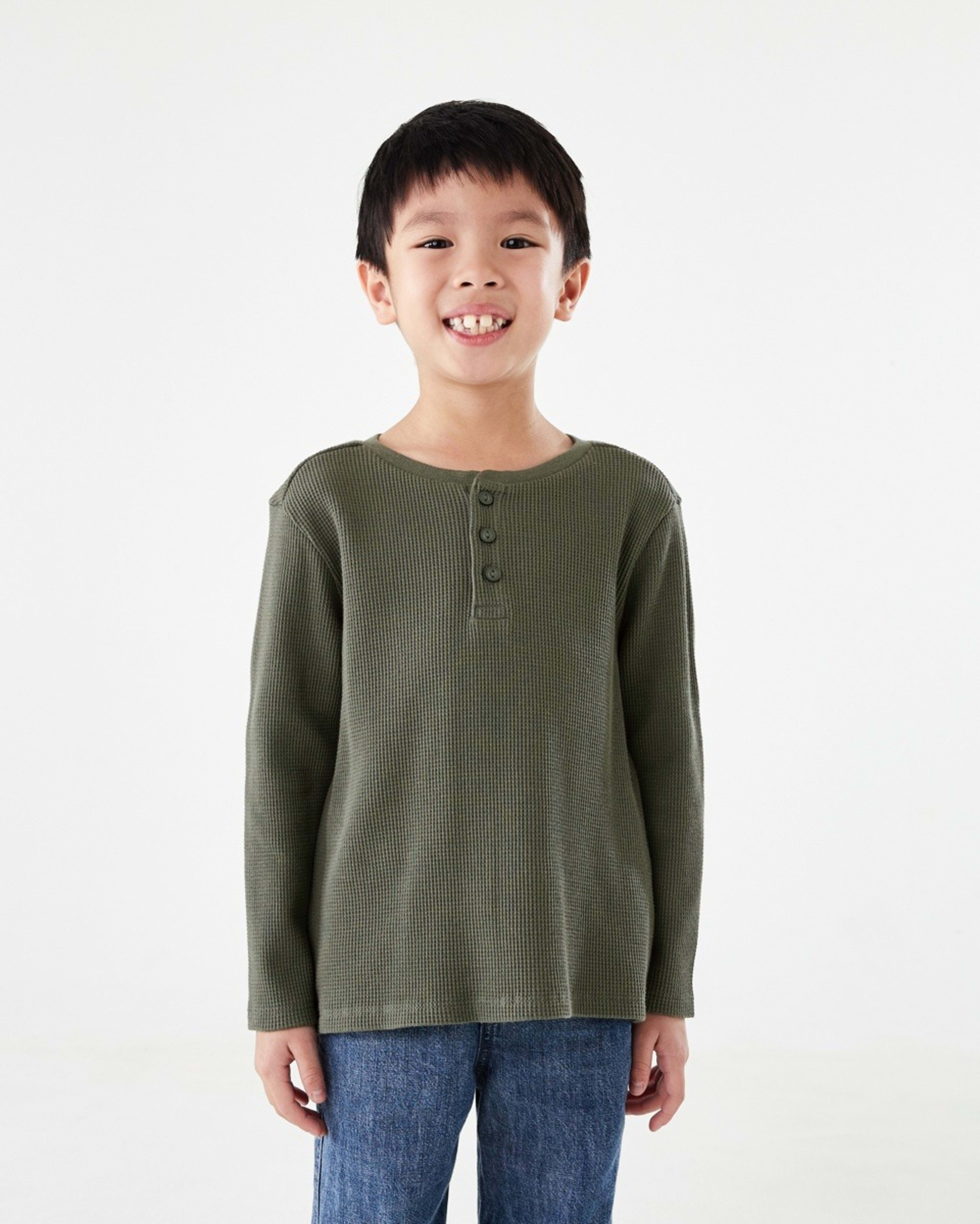 1 Waffle Henley Long Sleeve T-shirt Army Canvas