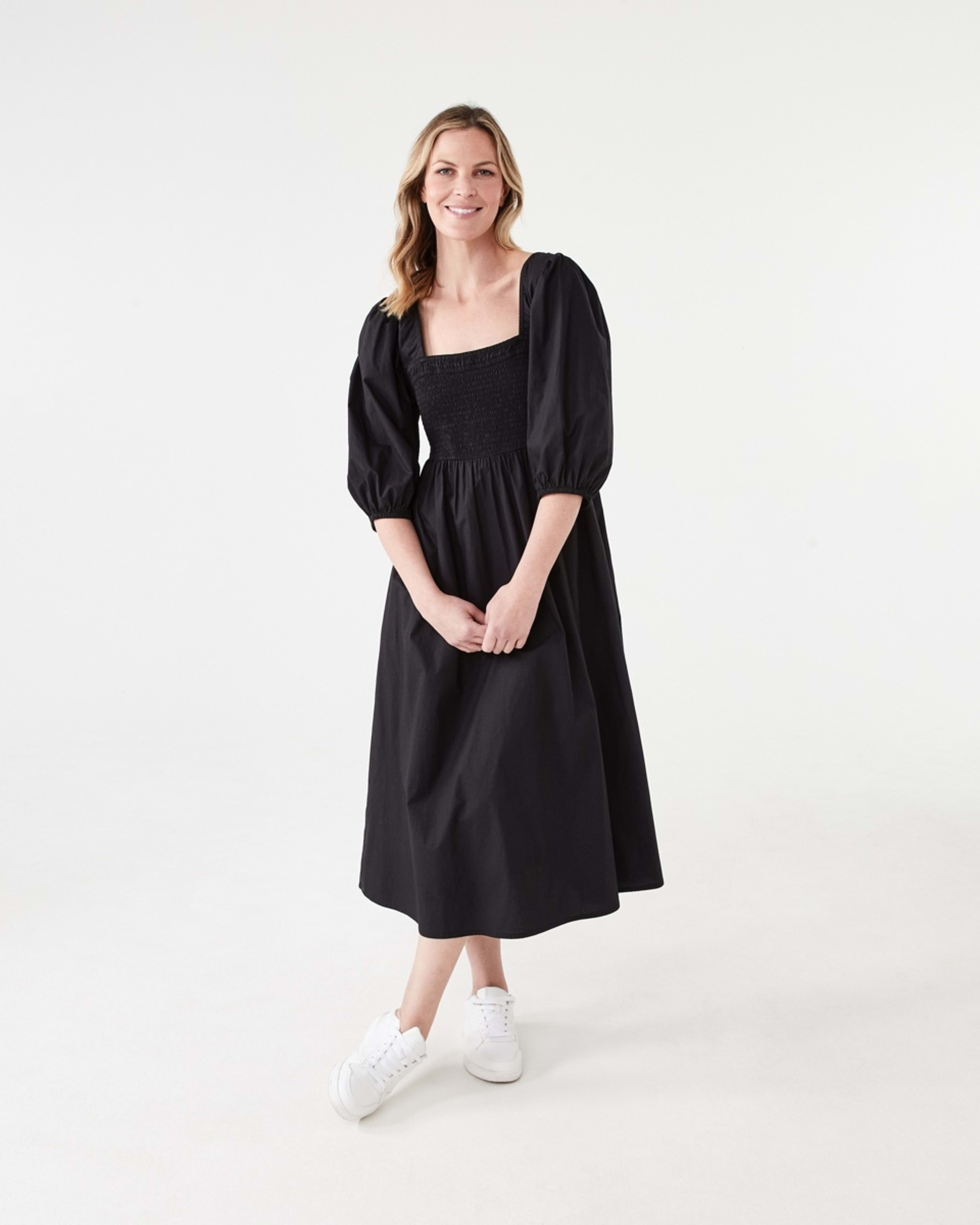 1 Short Sleeve Shirred Bodice Midi Dress BLACK