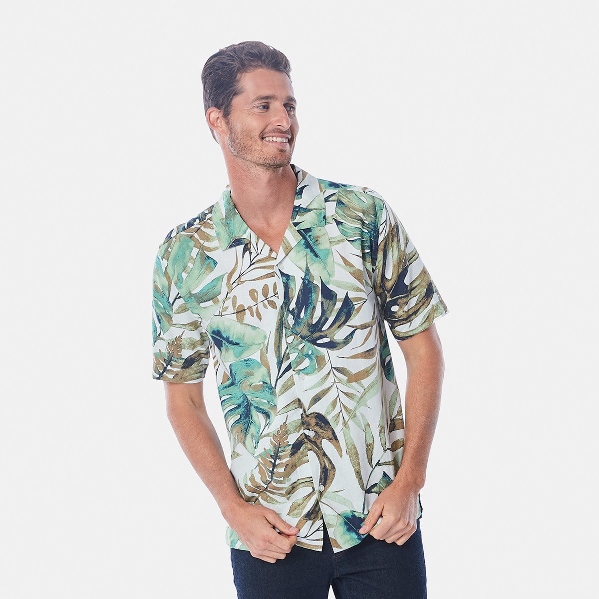 Short Sleeve Open Collar Linen Blend 