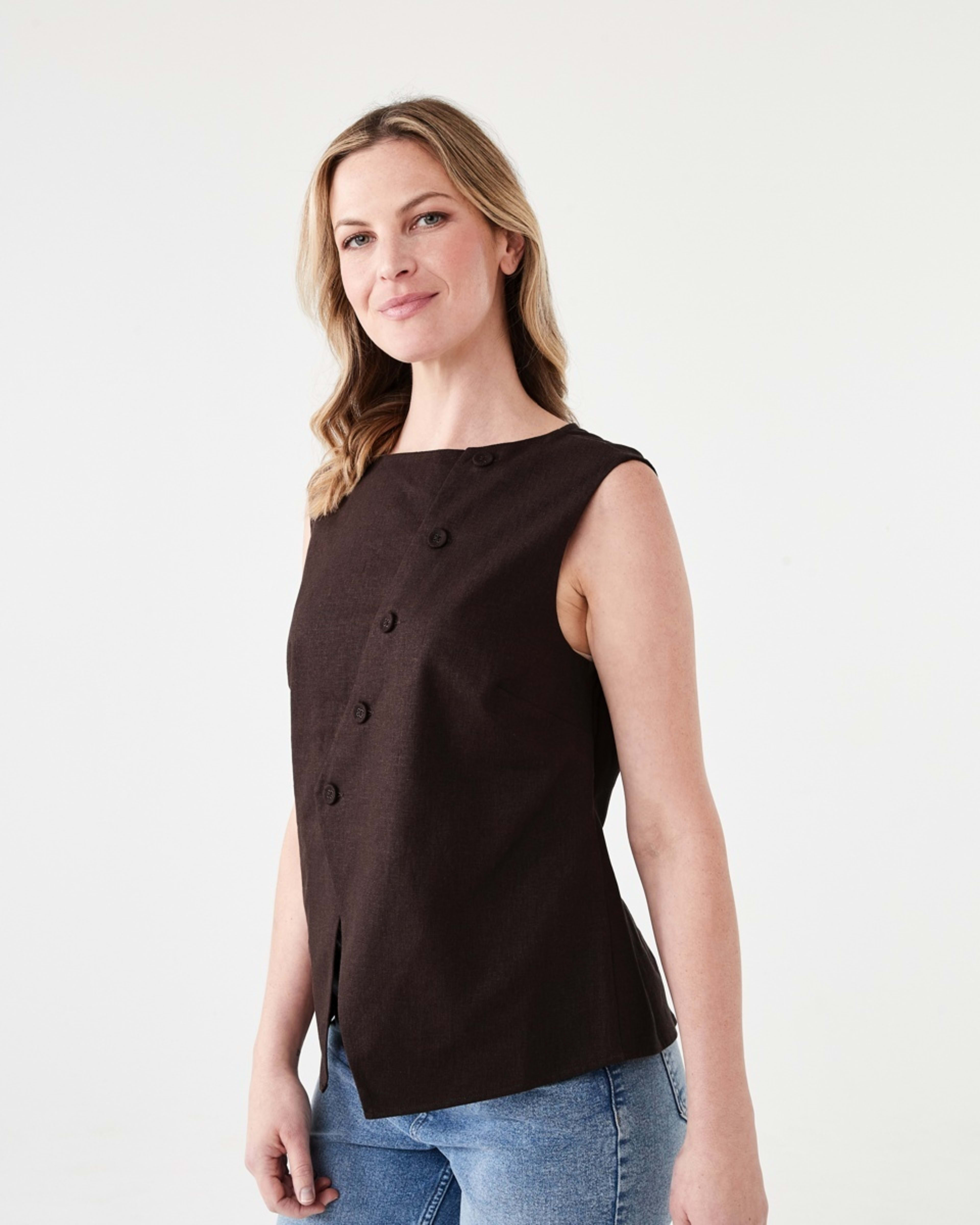 2 Sleeveless Asymmetrical Button Through Vest MELTED CHOCOLATE, 2 of 6