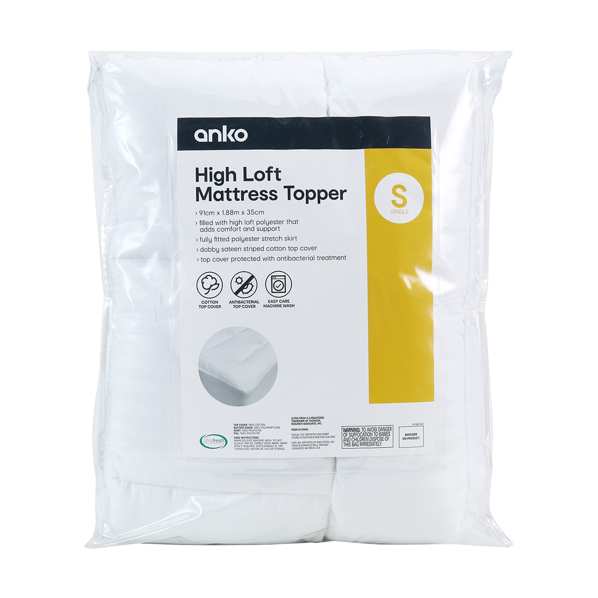 High Loft Mattress Topper Single Bed, White Kmart
